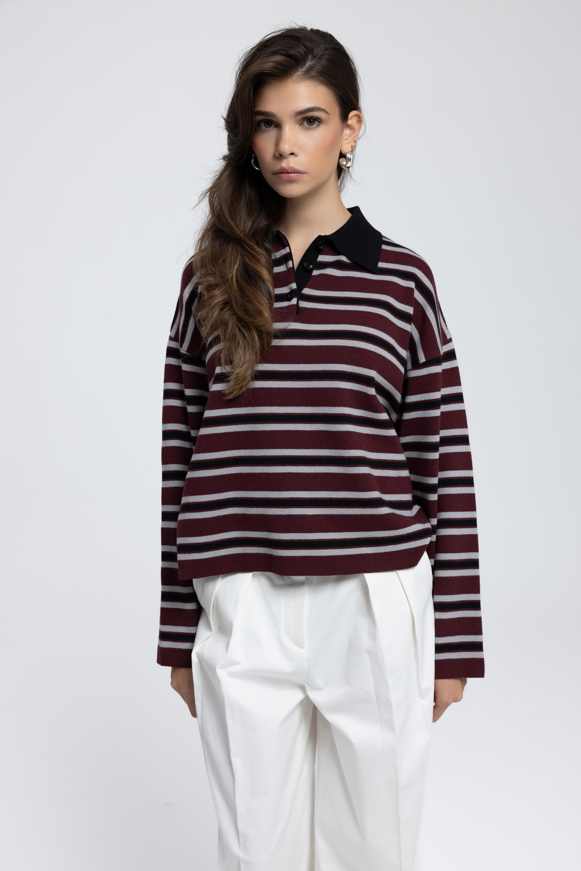 Moss Çizgili Bordo Polo Yaka Triko Kazak