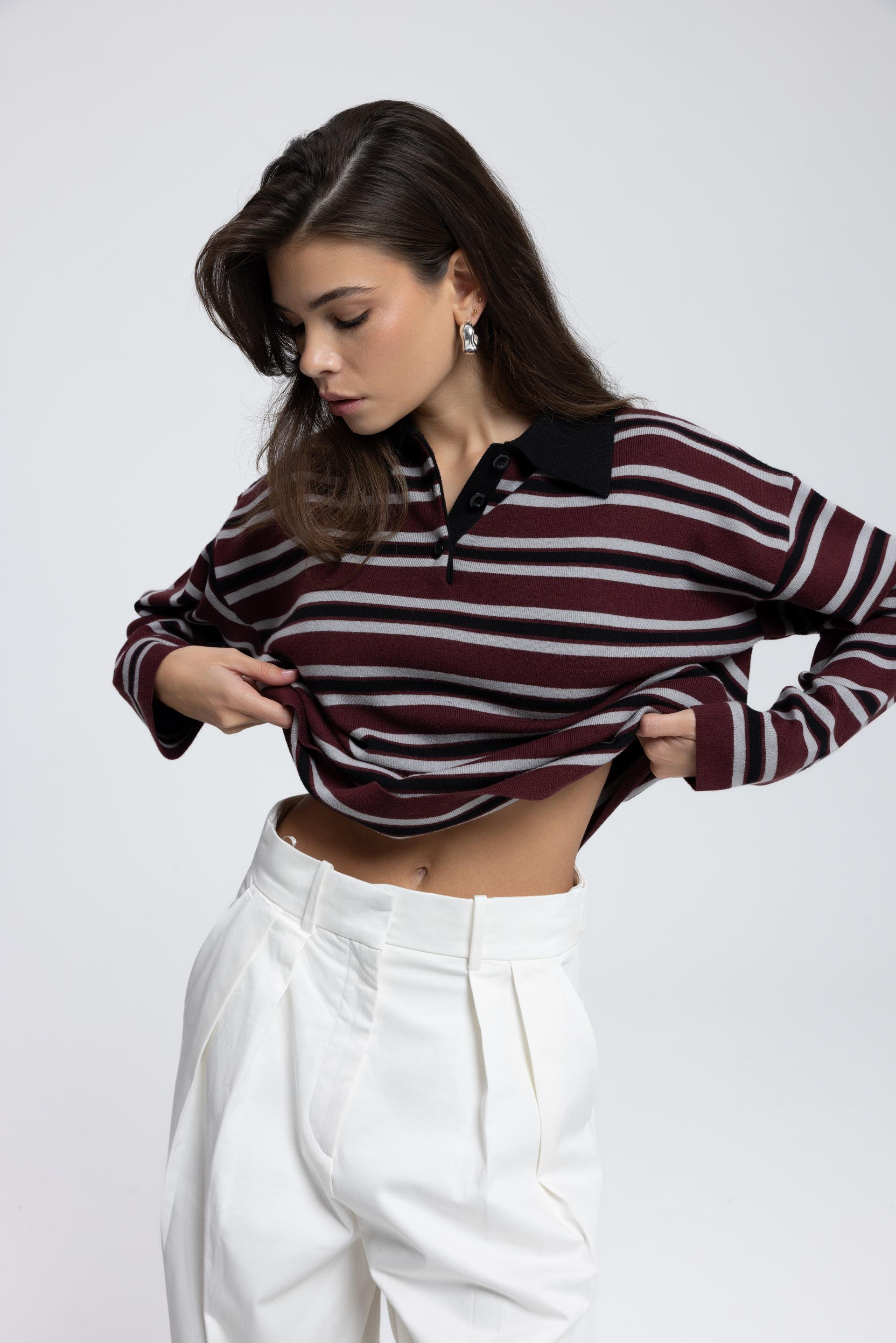 Moss Çizgili Bordo Polo Yaka Triko Kazak