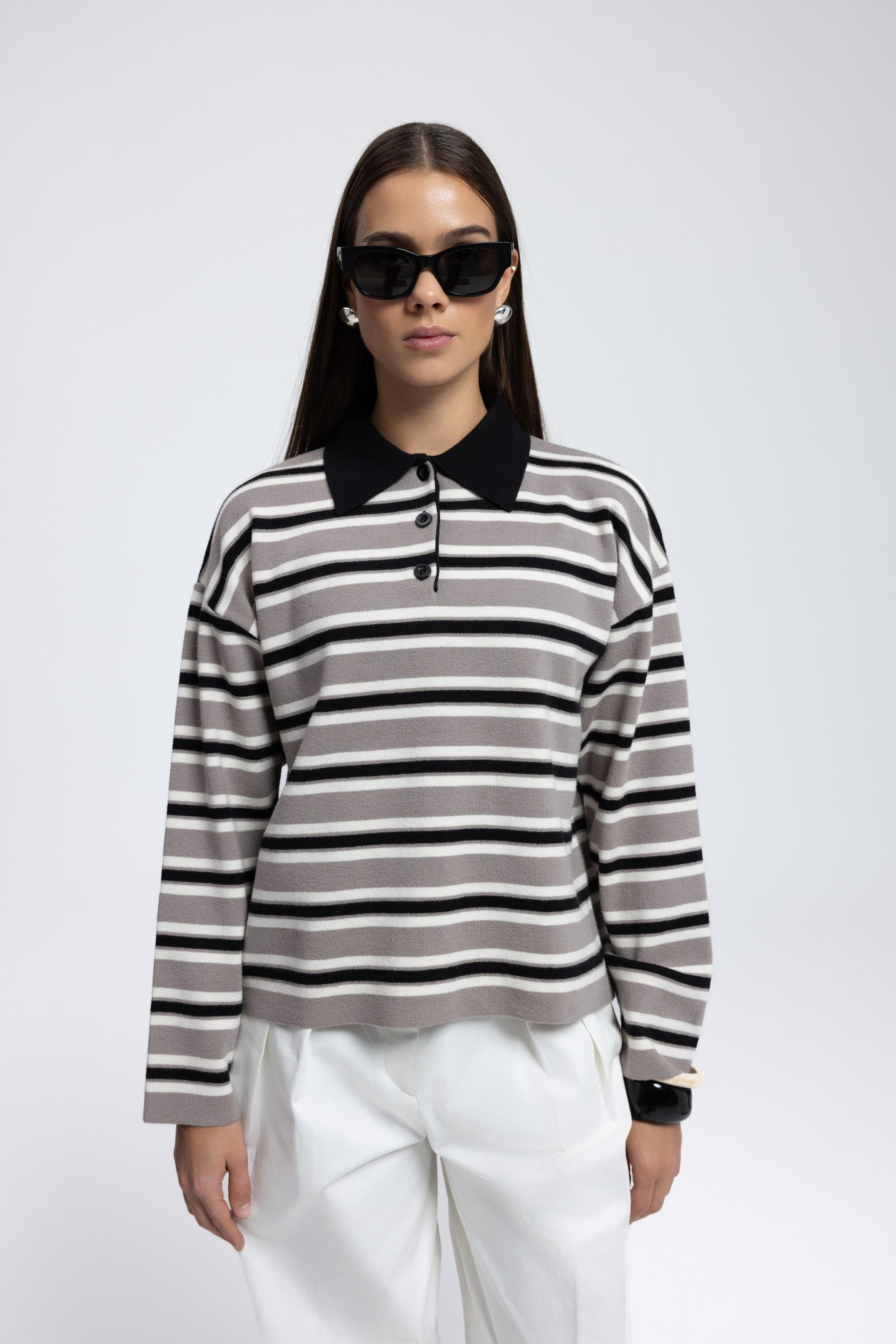 Moss Çizgili Gri Polo Yaka Triko Kazak