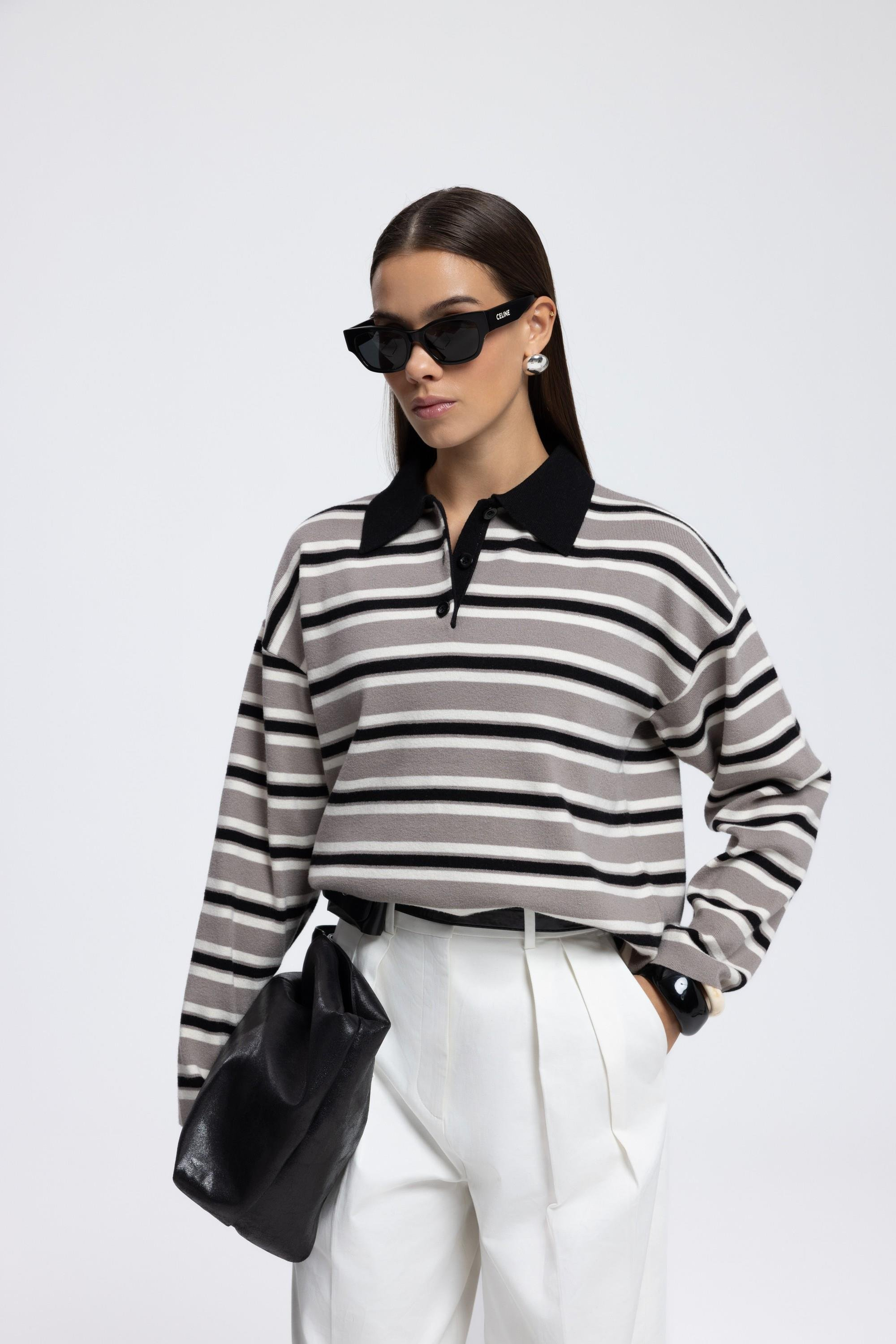 Moss Çizgili Gri Polo Yaka Triko Kazak