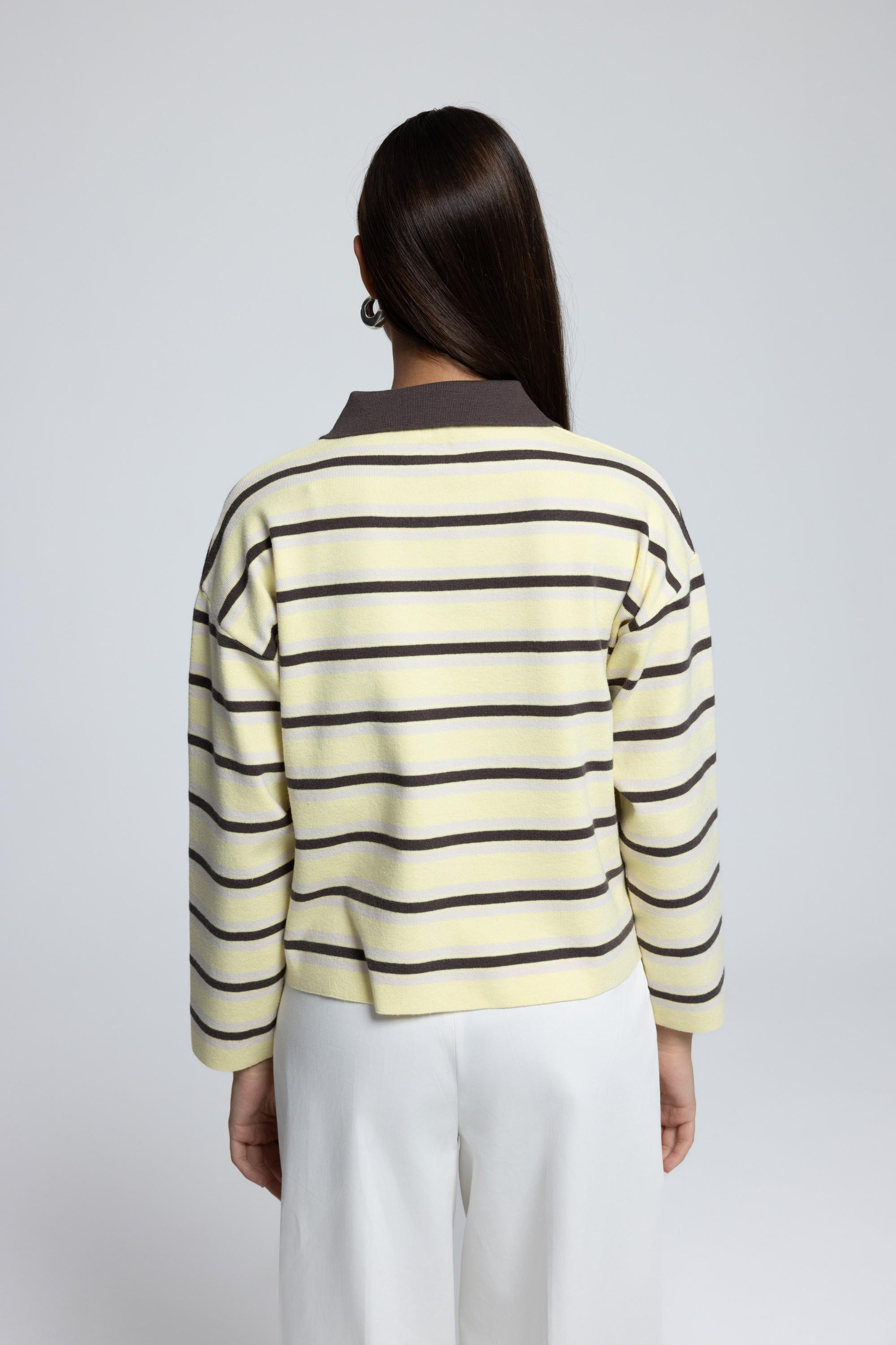 Moss Çizgili Sarı Polo Yaka Triko Kazak