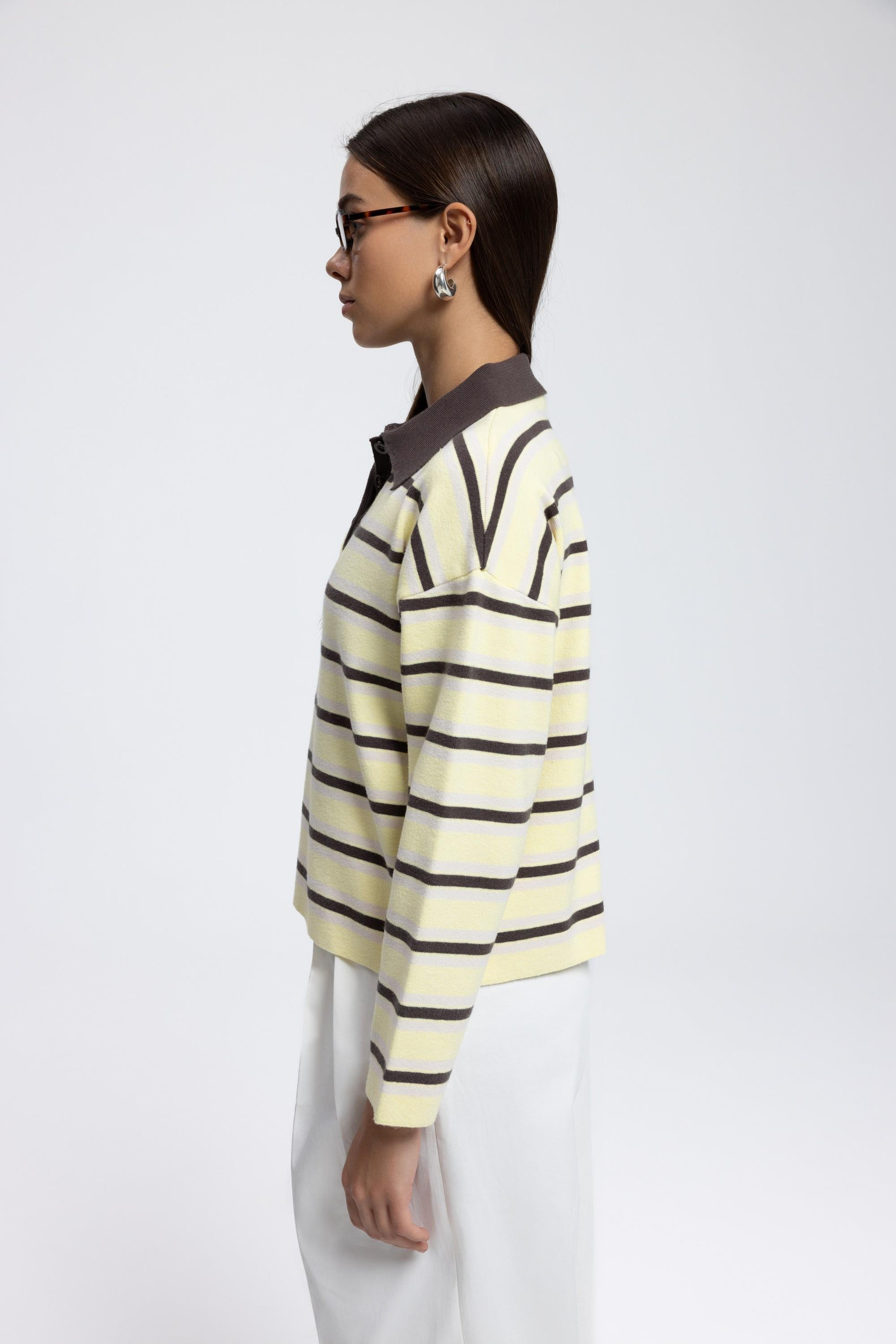 Moss Çizgili Sarı Polo Yaka Triko Kazak