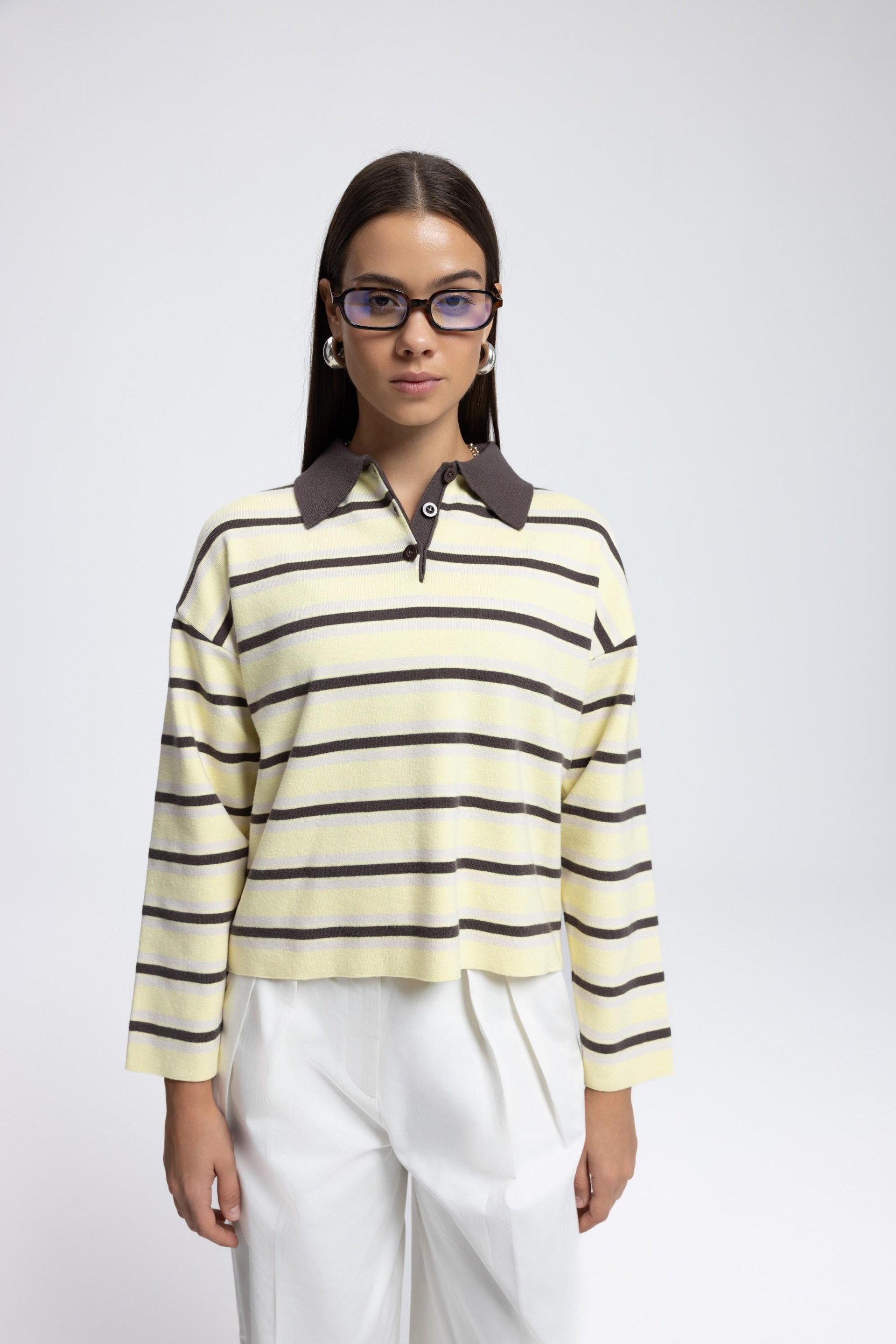 Moss Çizgili Sarı Polo Yaka Triko Kazak