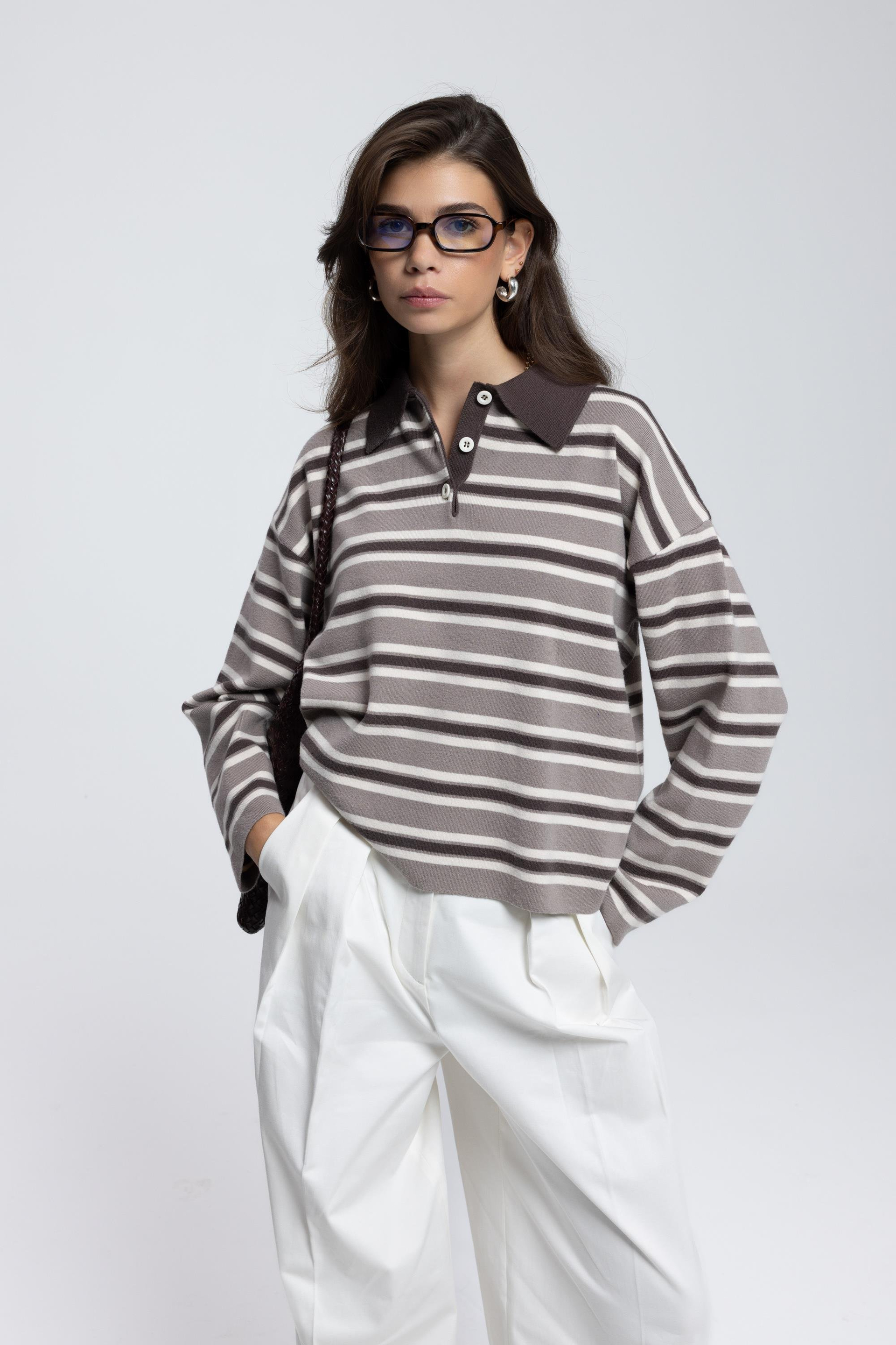 Moss Çizgili Vizon Polo Yaka Triko Kazak