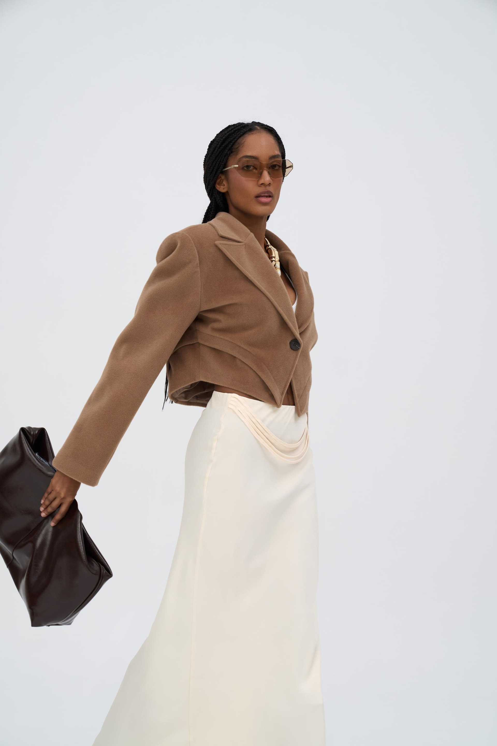 Muirnas Strap Detail Ecru Long Satin Skirt