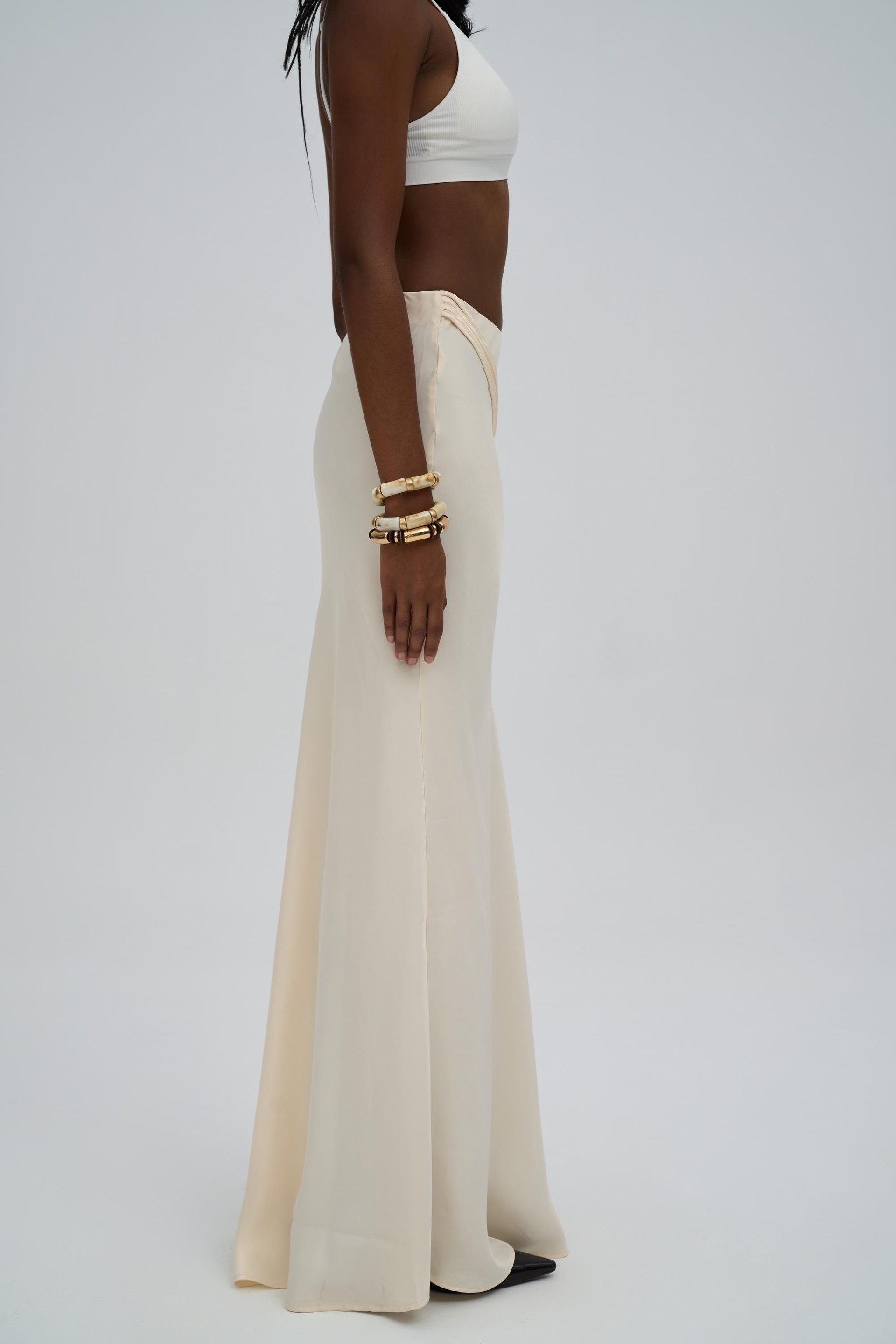 Muirnas Strap Detail Ecru Long Satin Skirt