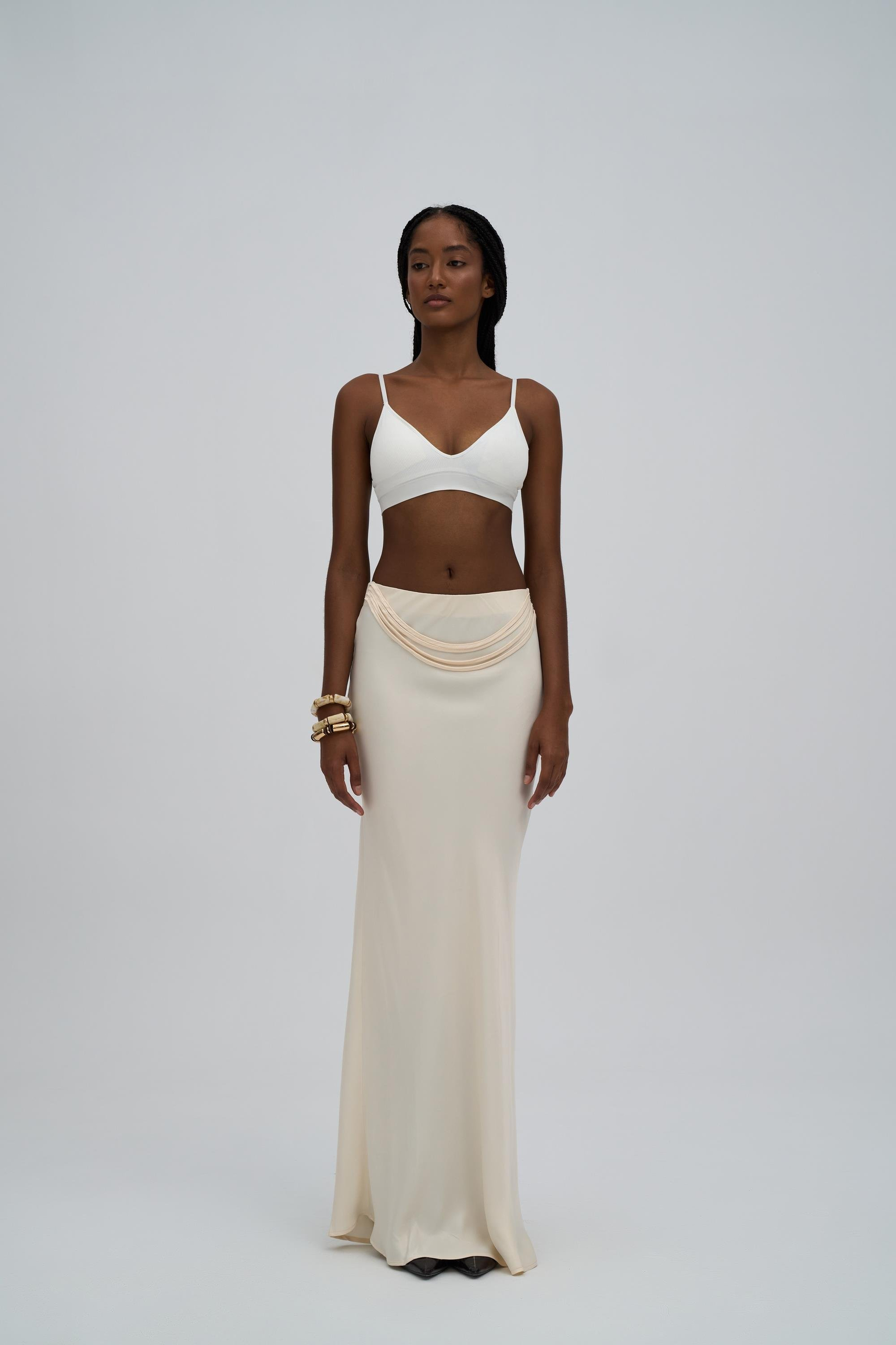 Muirnas Strap Detail Ecru Long Satin Skirt