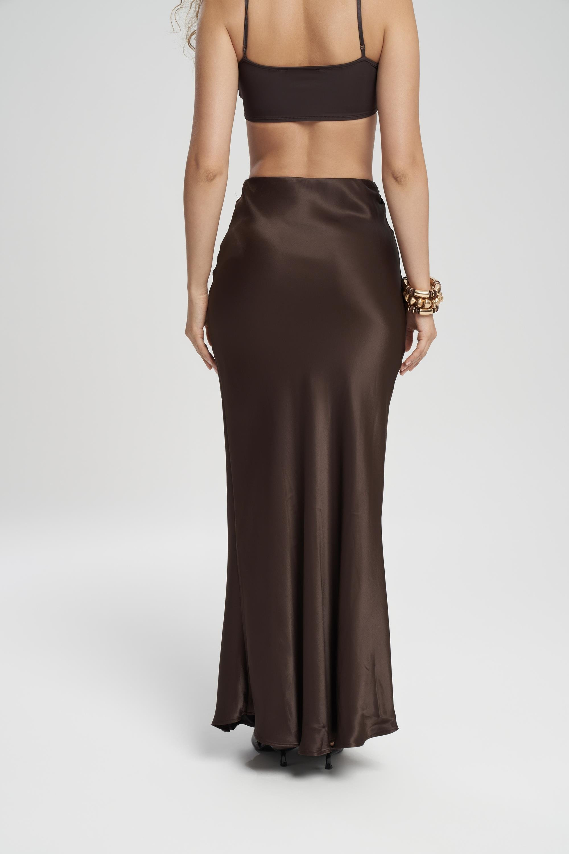 Muirnas Strap Detail Brown Long Satin Skirt