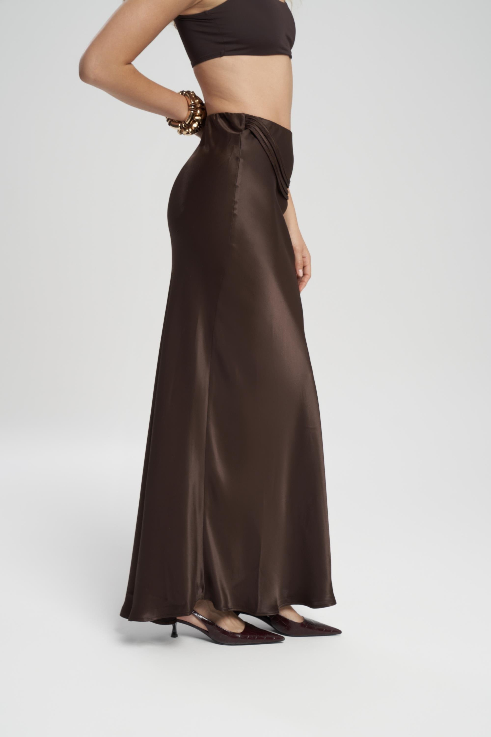 Muirnas Strap Detail Brown Long Satin Skirt