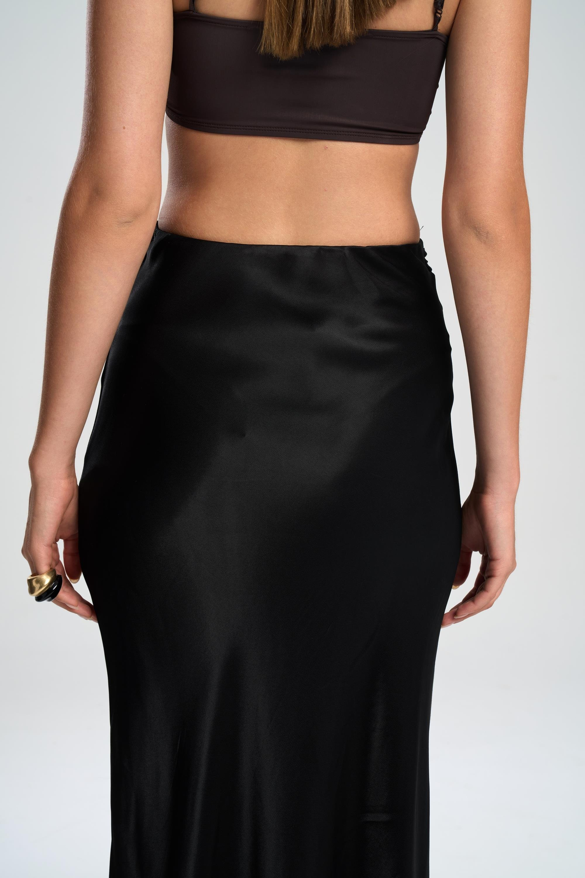 Muirnas Strap Detail Black Long Satin Skirt