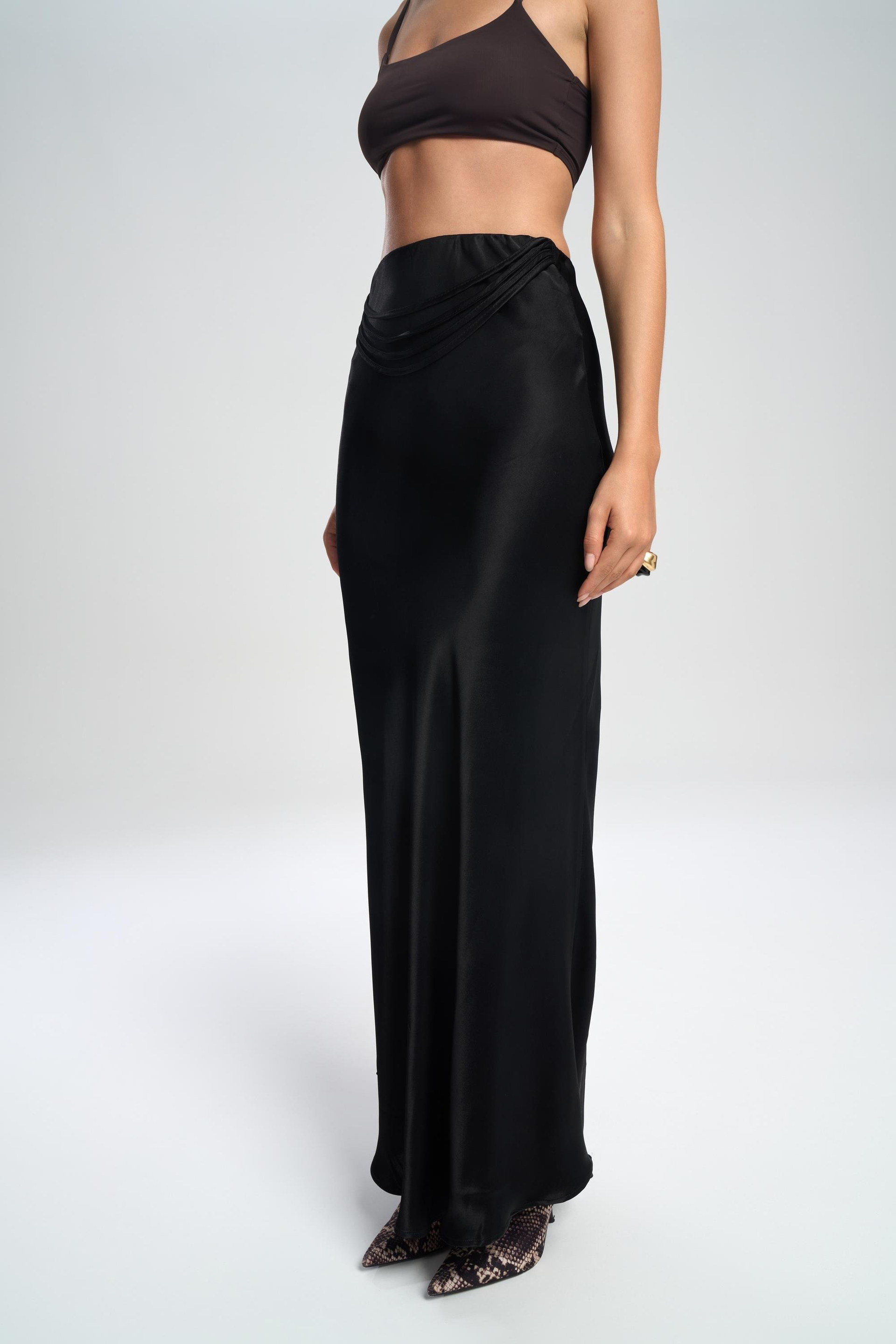 Muirnas Strap Detail Black Long Satin Skirt