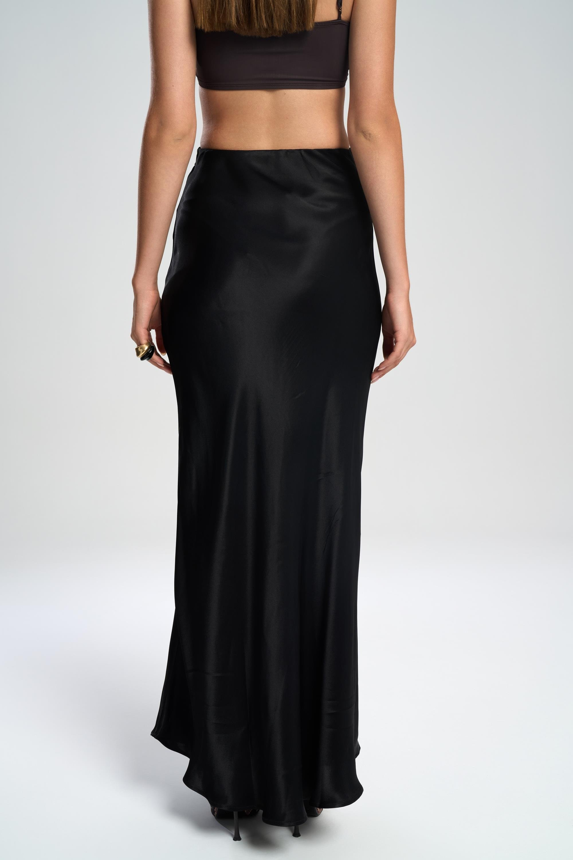 Muirnas Strap Detail Black Long Satin Skirt