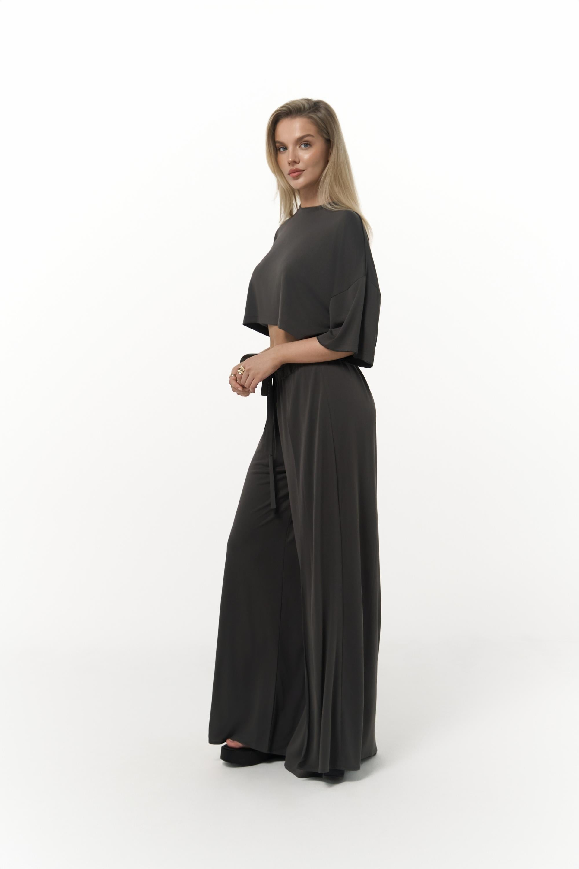 Nell Antrasit Crop T-Shirt Pantolon Takım