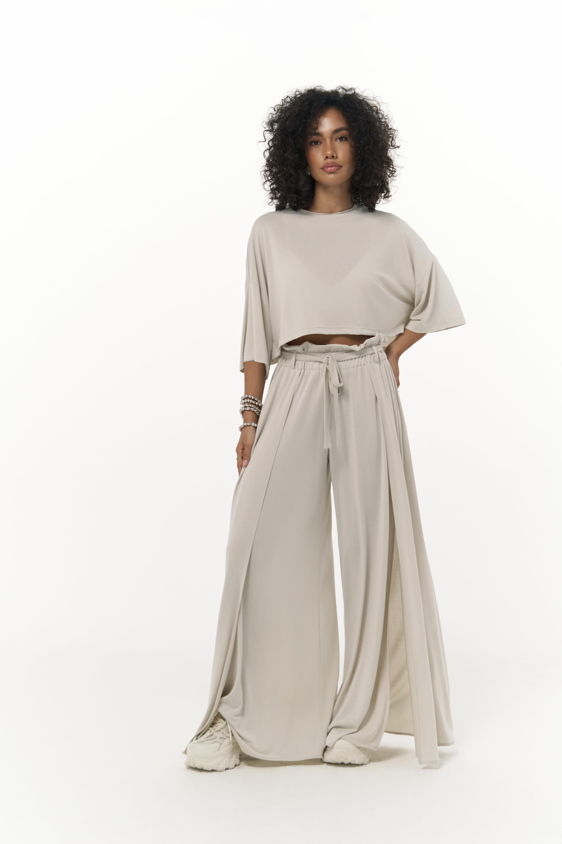 Nell Bej Crop T-Shirt Pantolon Takım