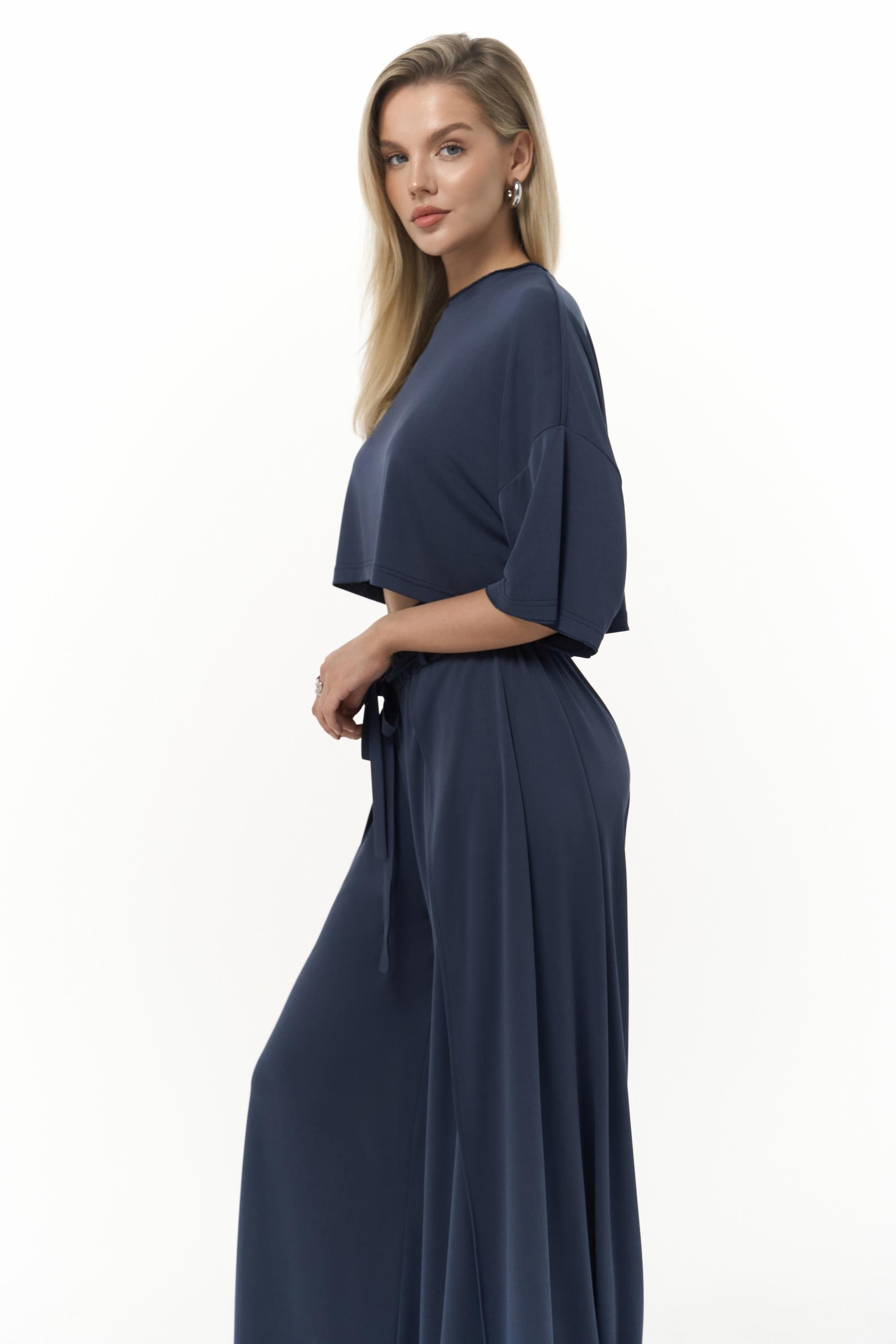 Nell Lacivert Crop T-Shirt Pantolon Takım