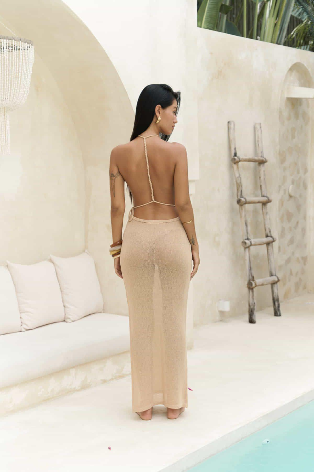 Nessi Caramel Open-Back Knit Dress