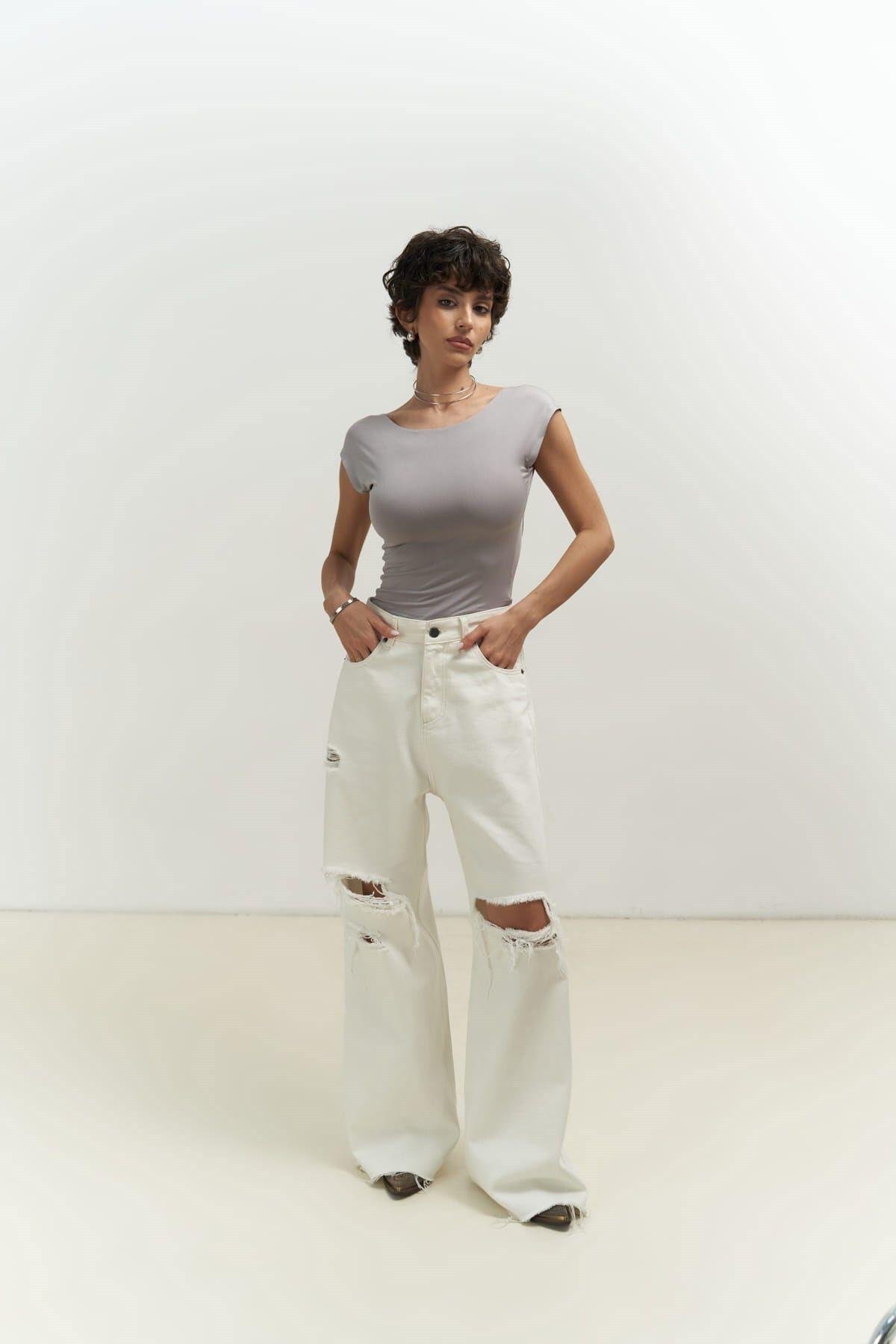 Nives Sırt Dekolteli Gri Crop