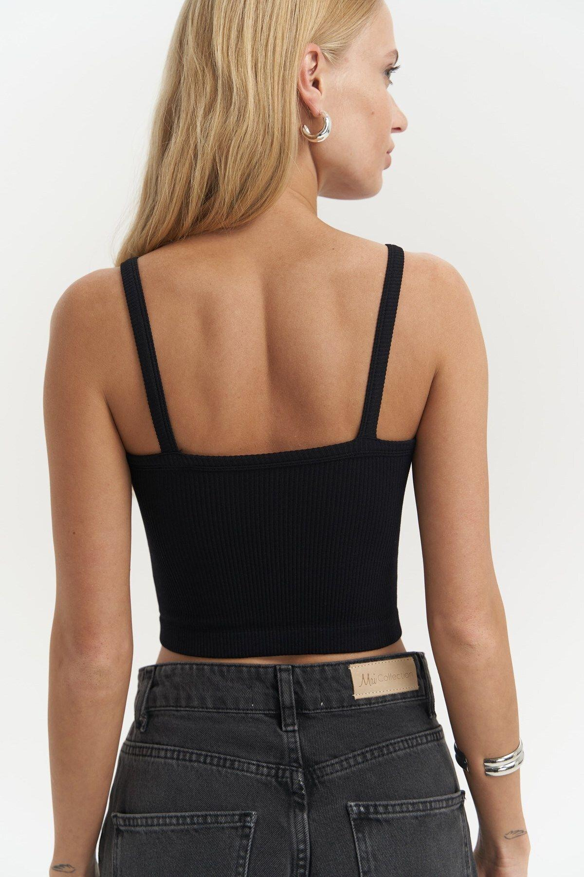 Noam Siyah Ön Detay Fitilli Crop