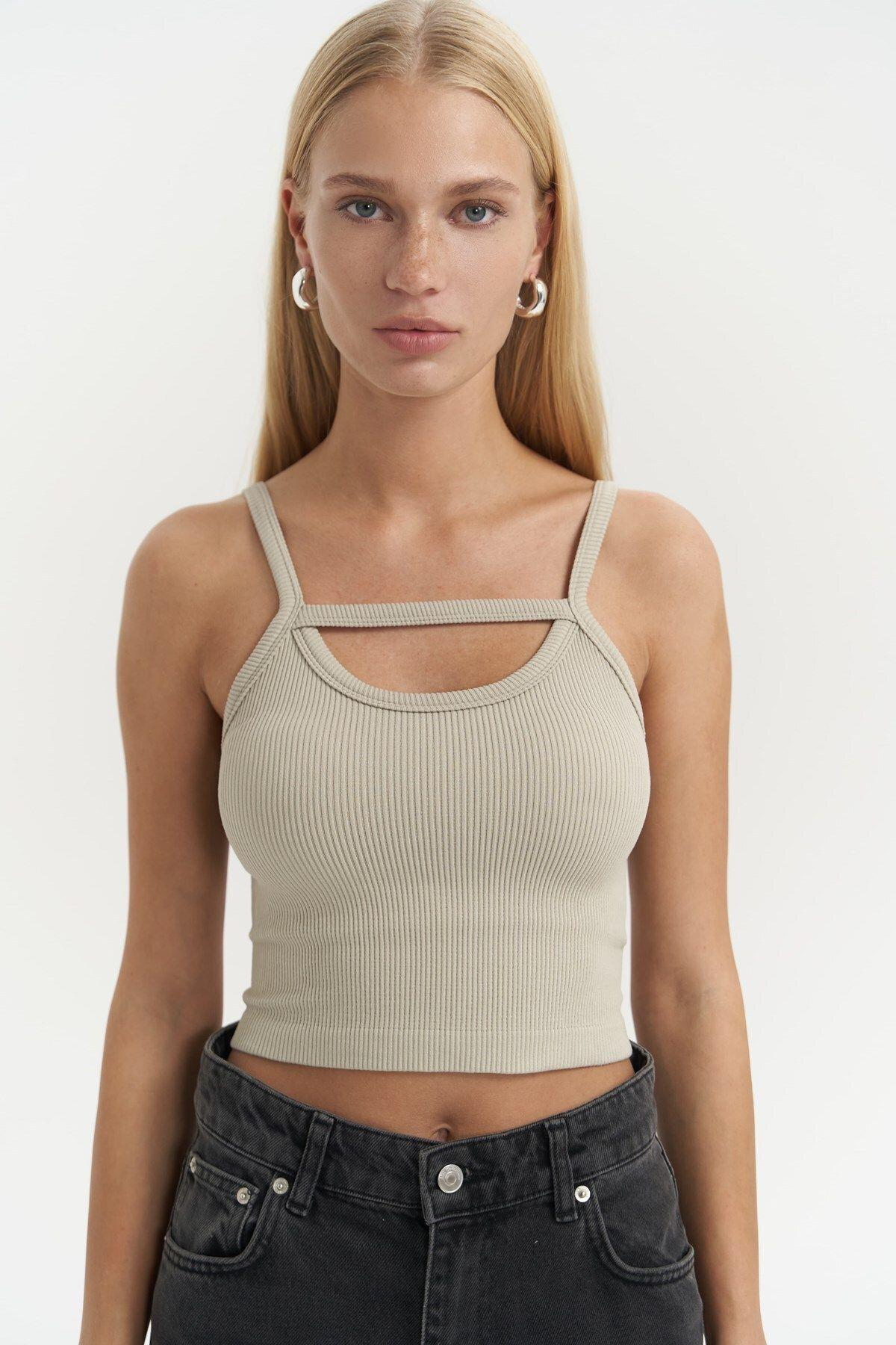 Noam Soft Khaki Cutout Strap Ribbed Crop Top