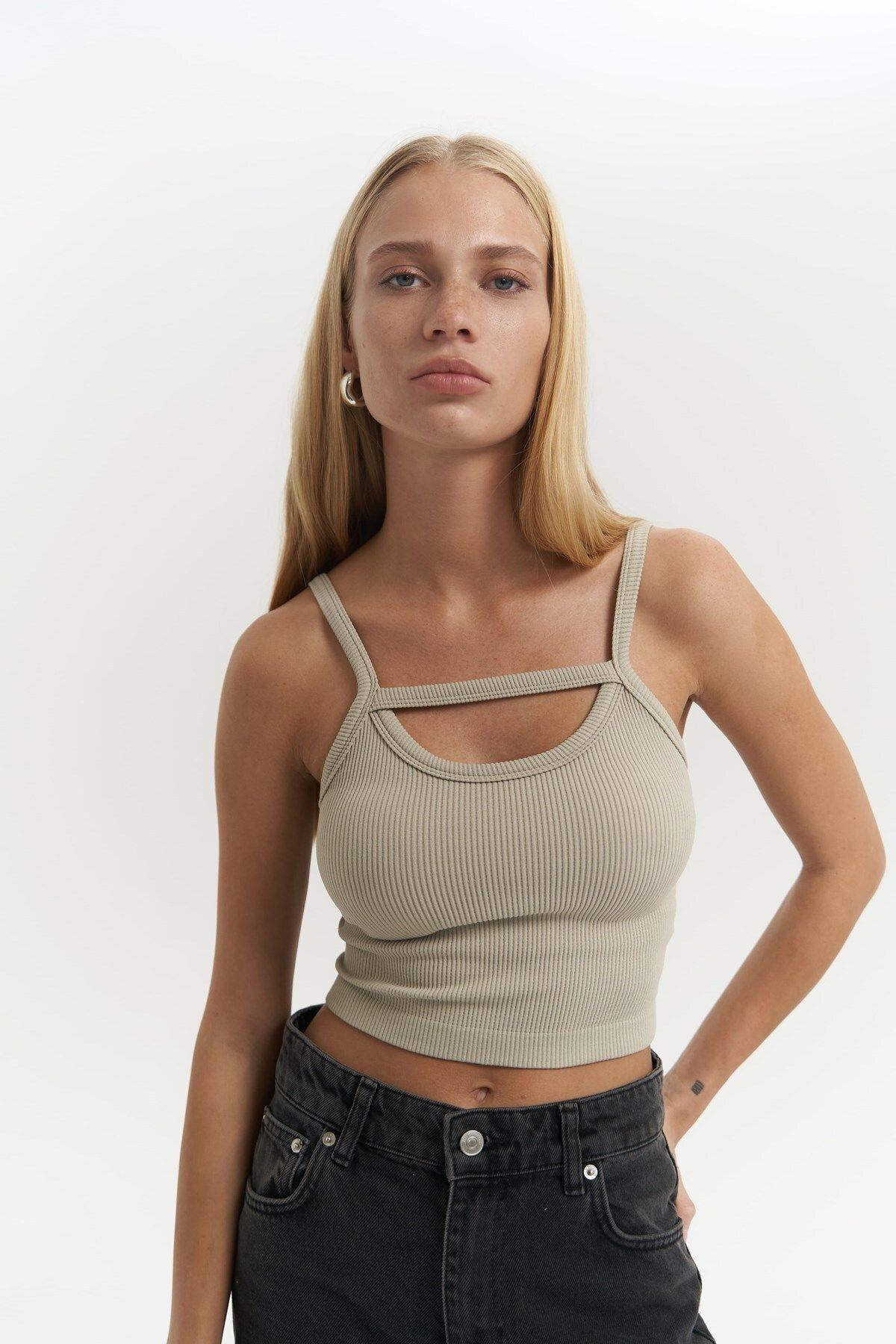 Noam Soft Khaki Cutout Strap Ribbed Crop Top