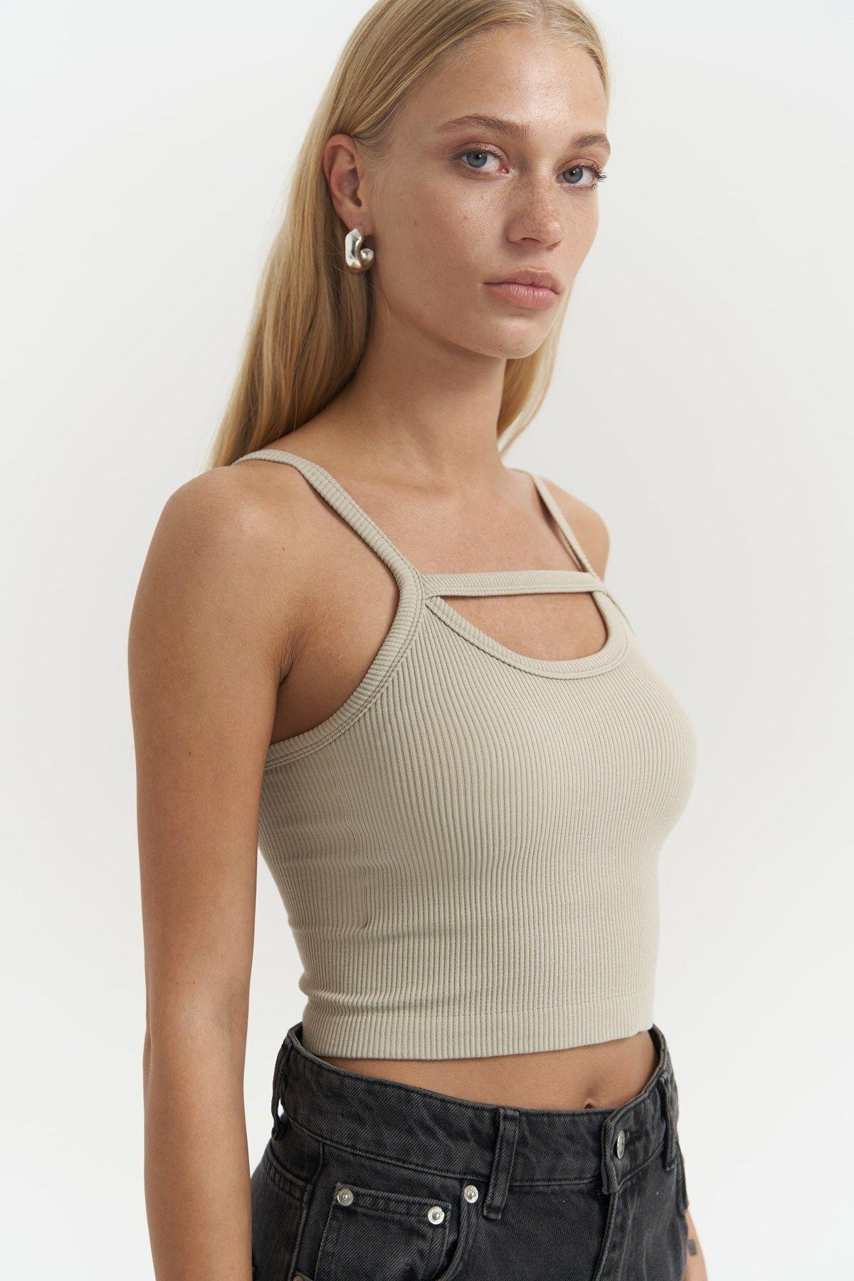Noam Soft Khaki Cutout Strap Ribbed Crop Top