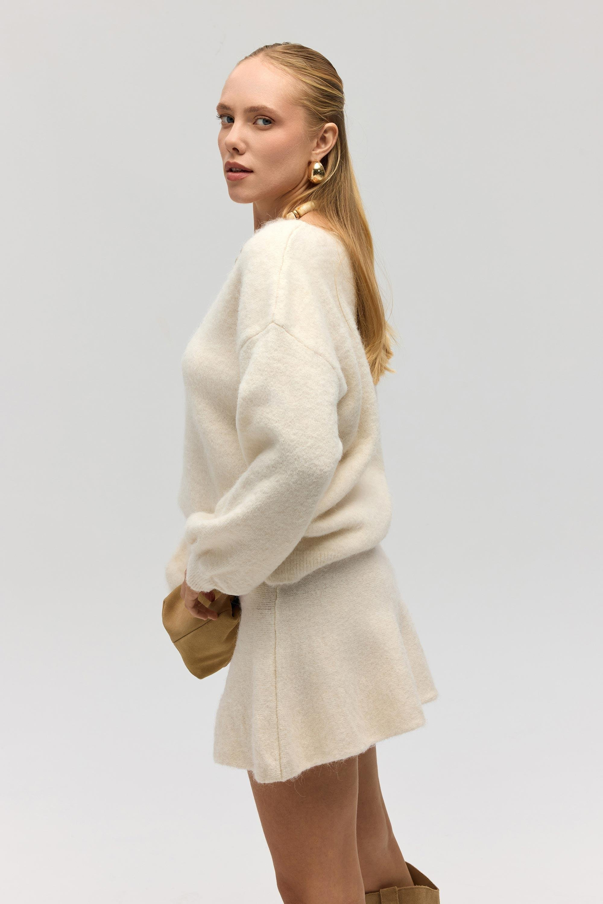 Nordis Volanlı Ekru Triko Mini Etek