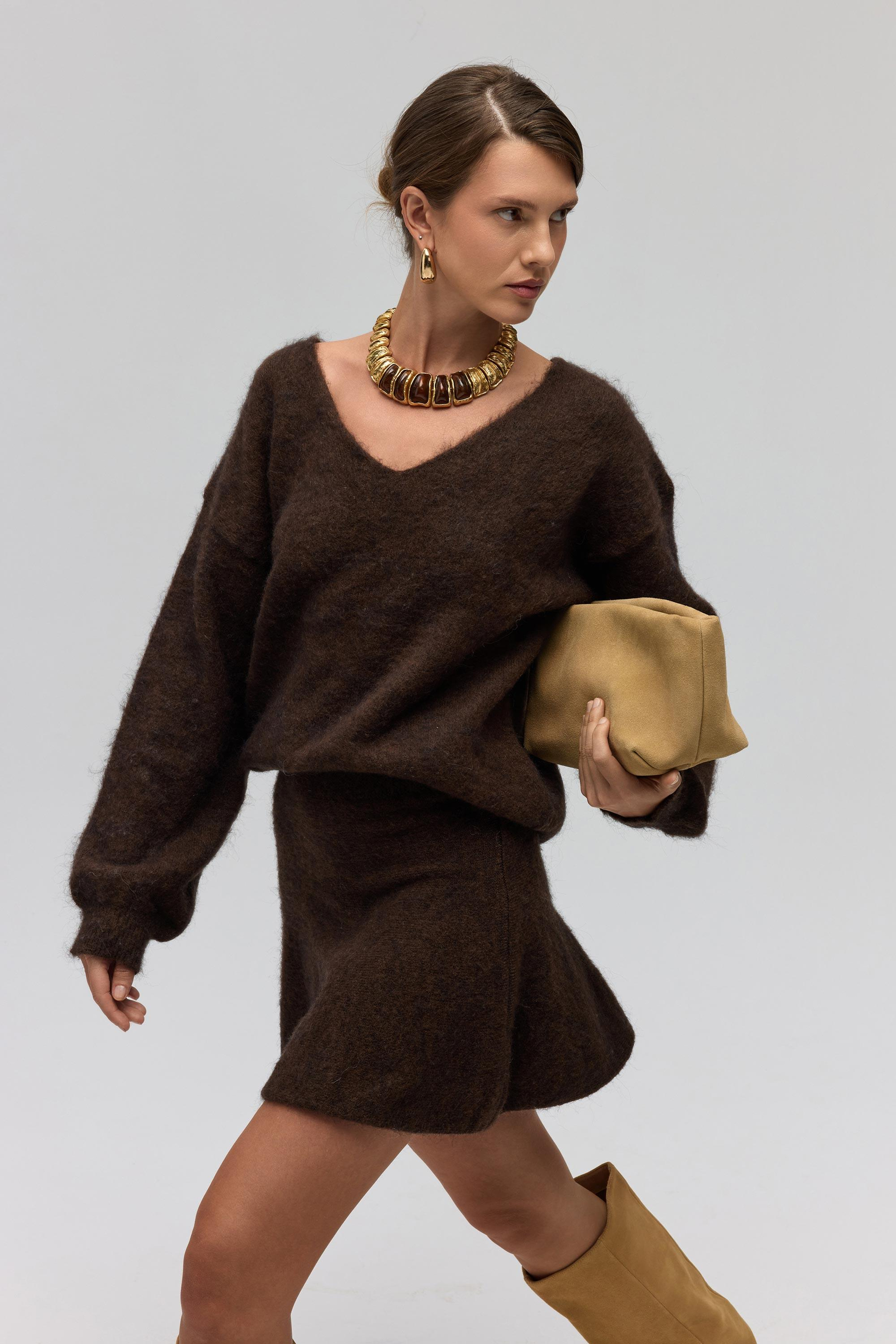 Nordis Volanlı Kahve Triko Mini Etek