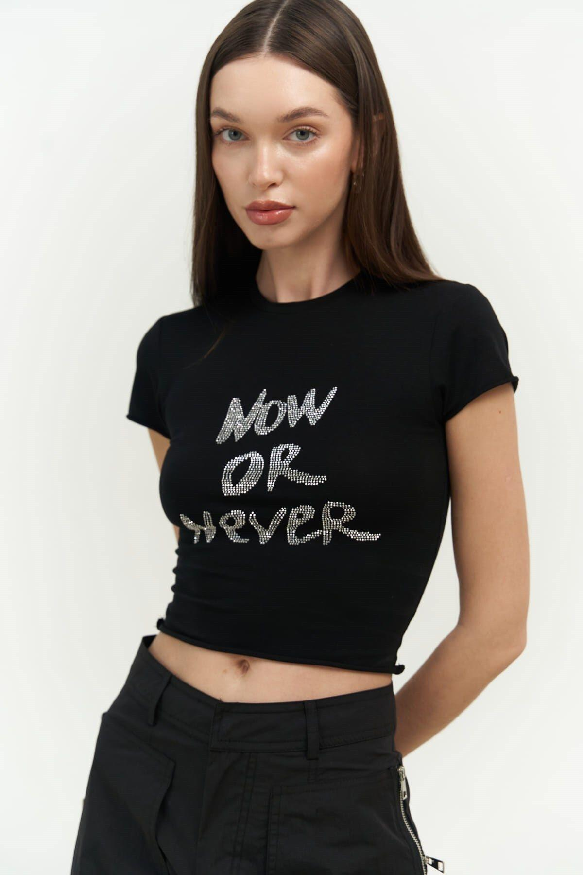 Now Or Never Siyah Penye Crop