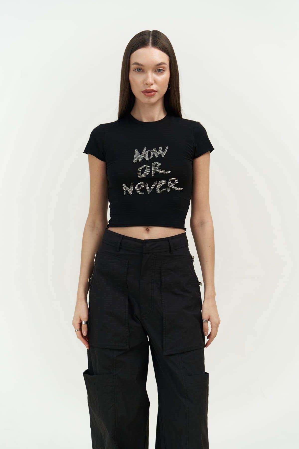 Now Or Never Siyah Penye Crop