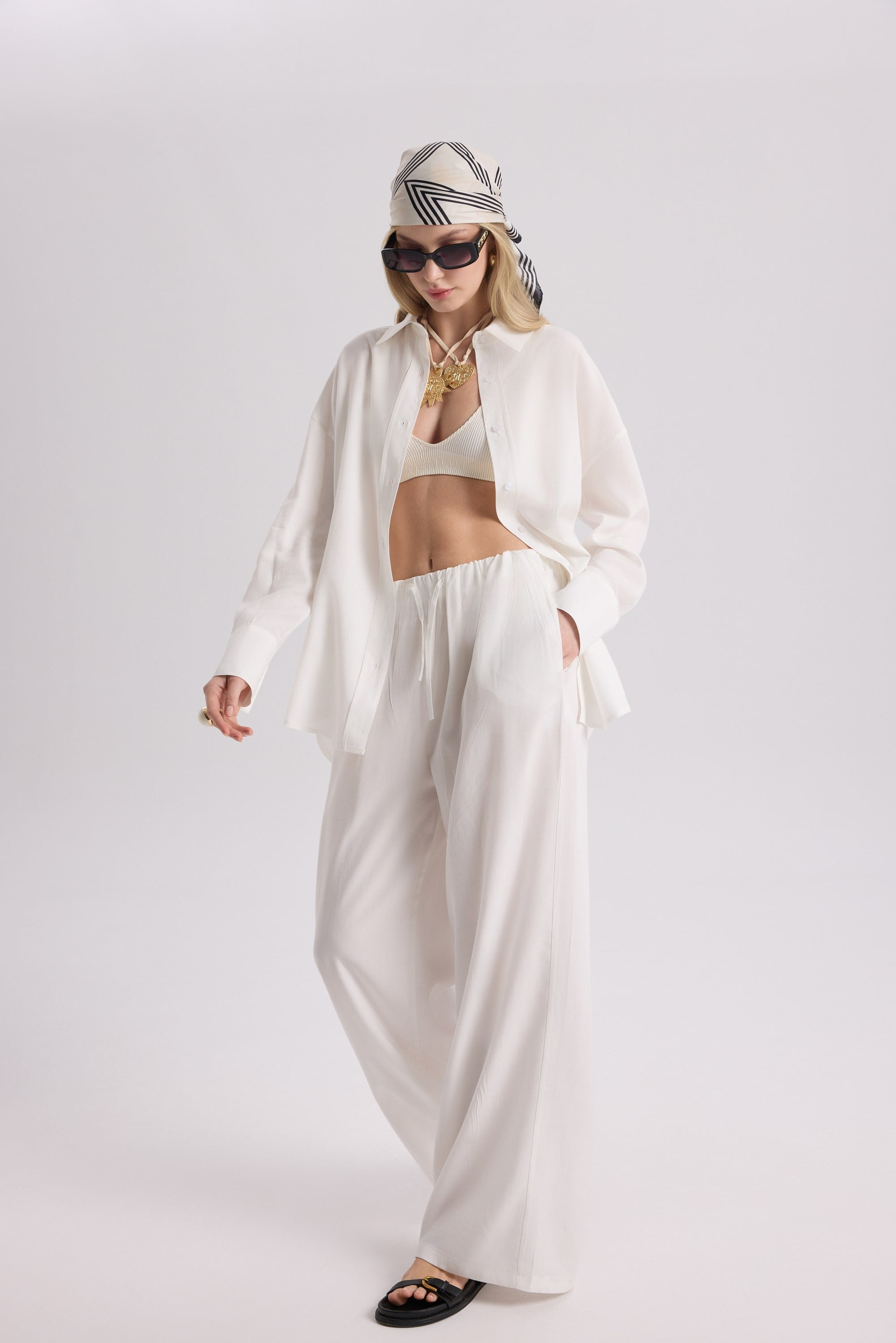 Nunzia Back Detail Ecru Oversized Shirt Pants Set
