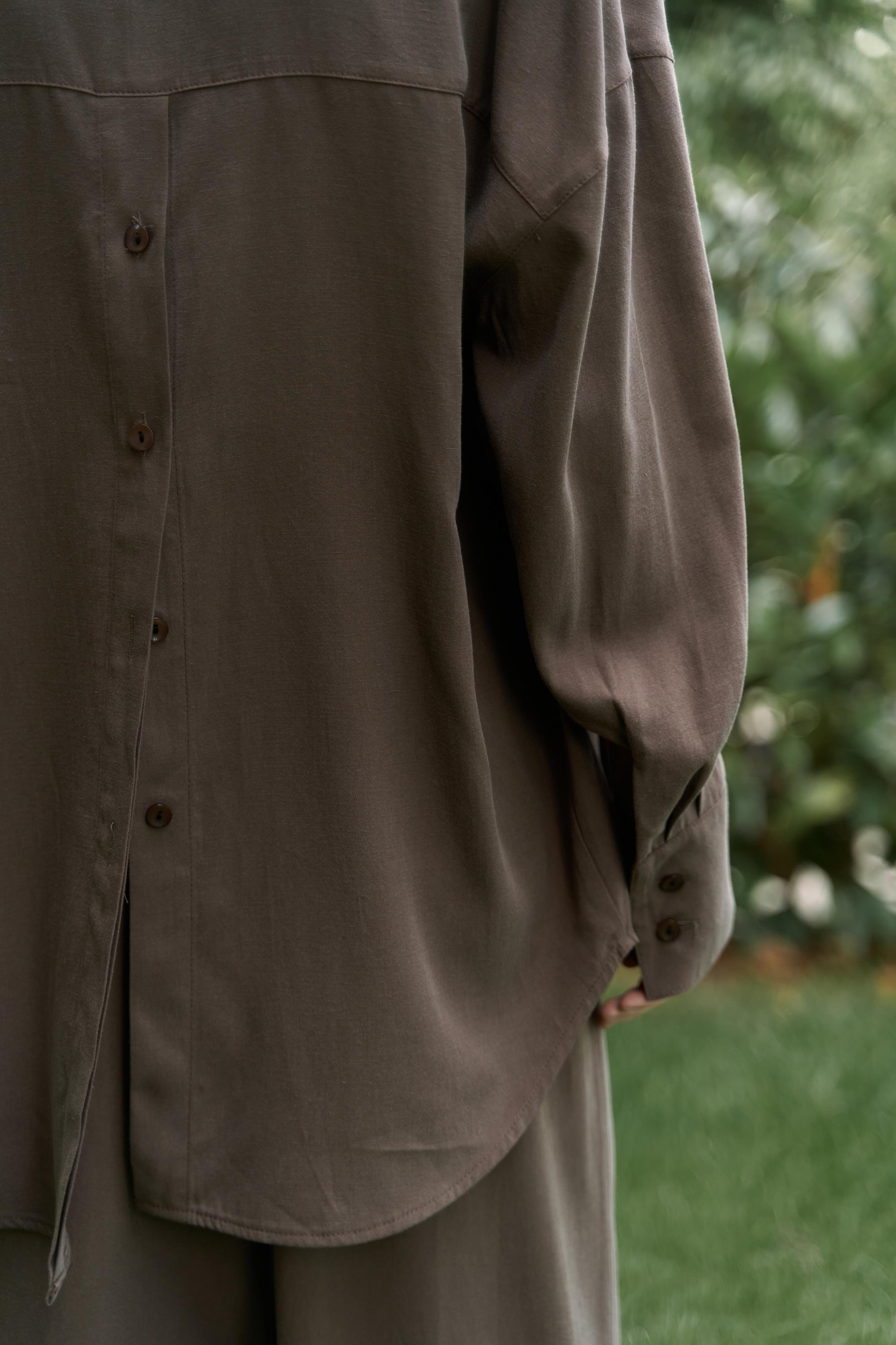 Nunzia Arka Detaylı Soft Kahve Oversize Gömlek Pantolon Takım