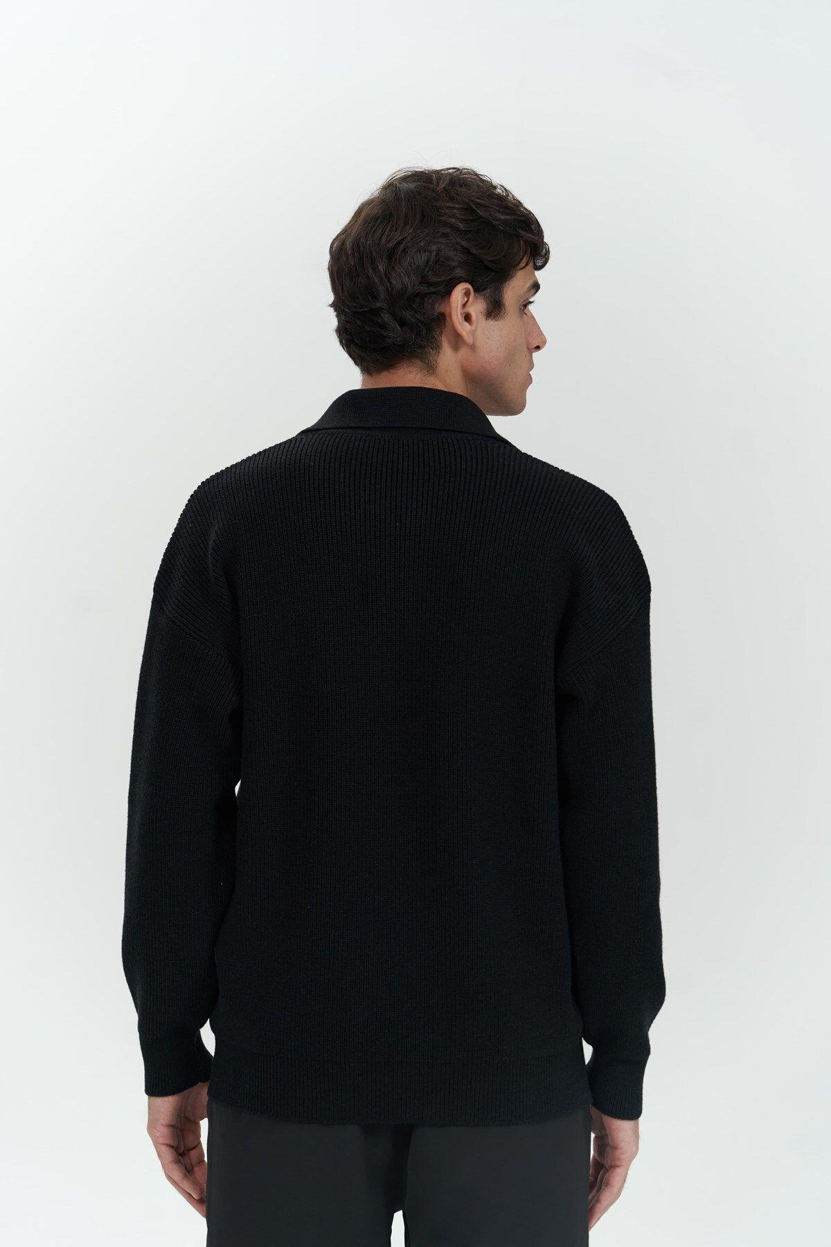 Oberon Men's Polo Collar Half-Zip Black Knit Sweater