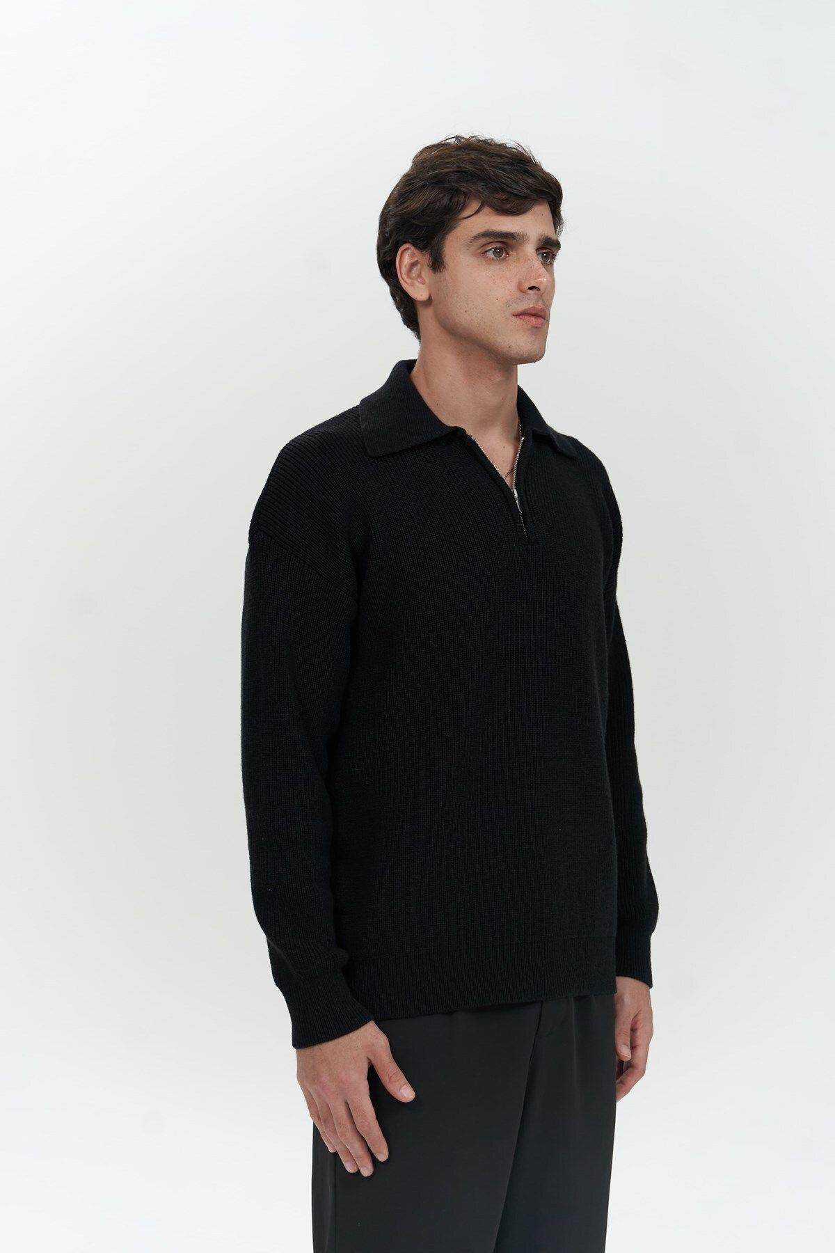 Oberon Men's Polo Collar Half-Zip Black Knit Sweater