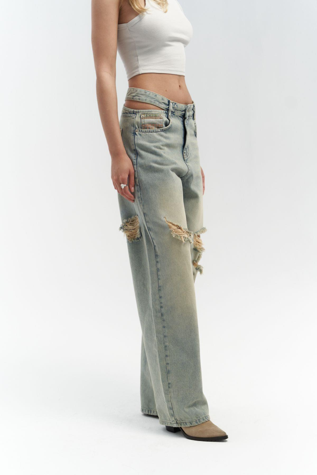 Oldwin Kirli Gri Vintage Baskı Detay Jean Pantolon