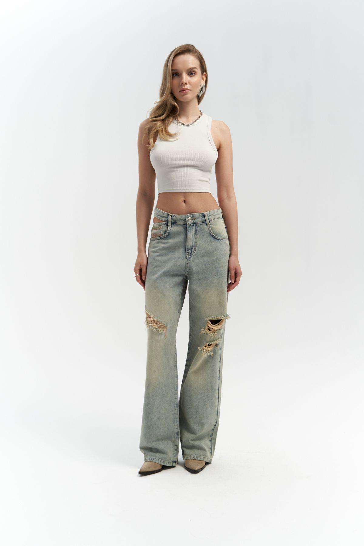 Oldwin Kirli Gri Vintage Baskı Detay Jean Pantolon