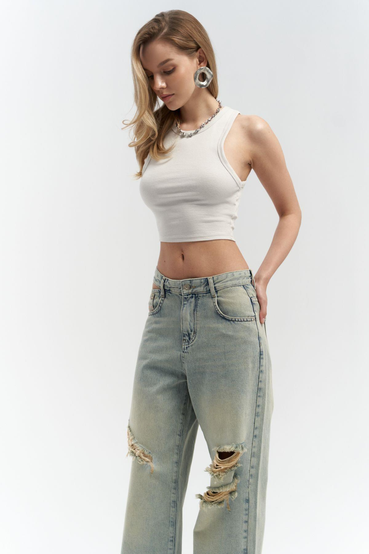 Oldwin Kirli Gri Vintage Baskı Detay Jean Pantolon