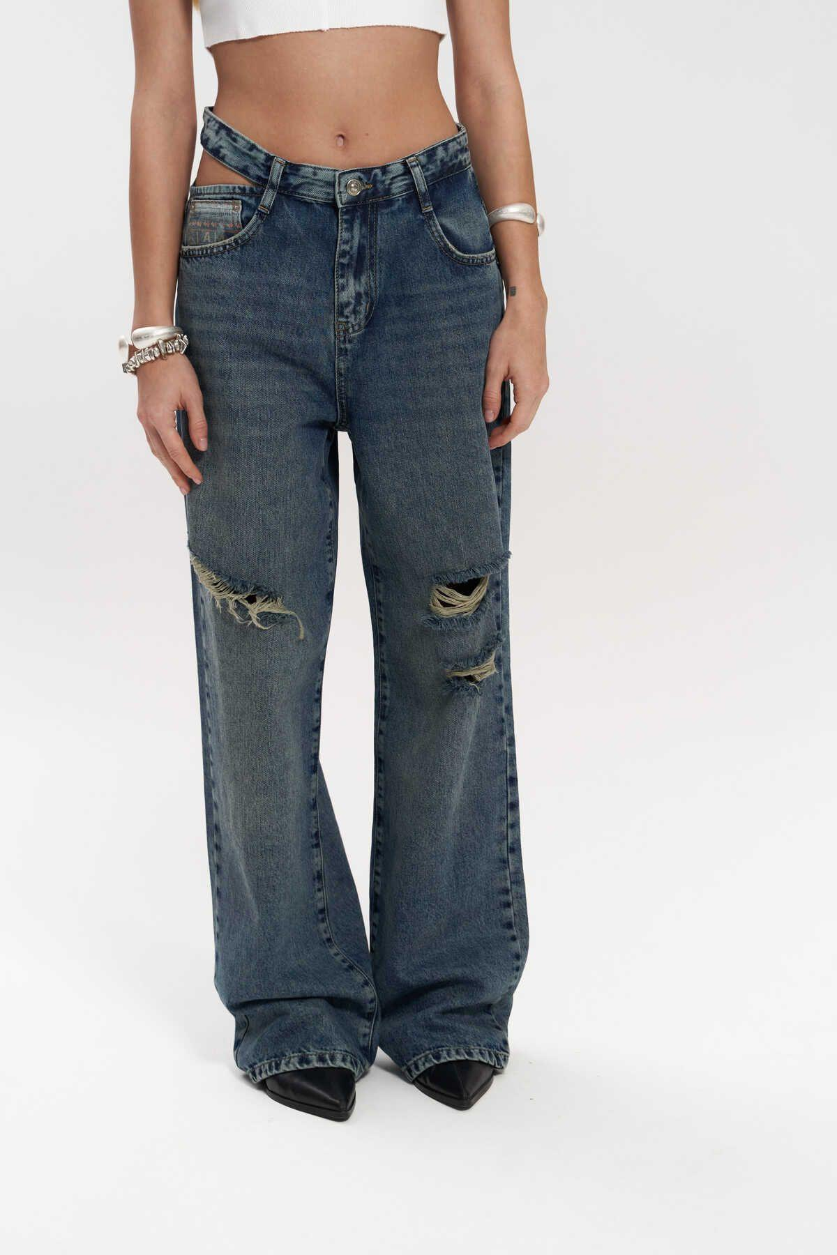Oldwin Mavi Vintage Baskı Detay Jean Pantolon