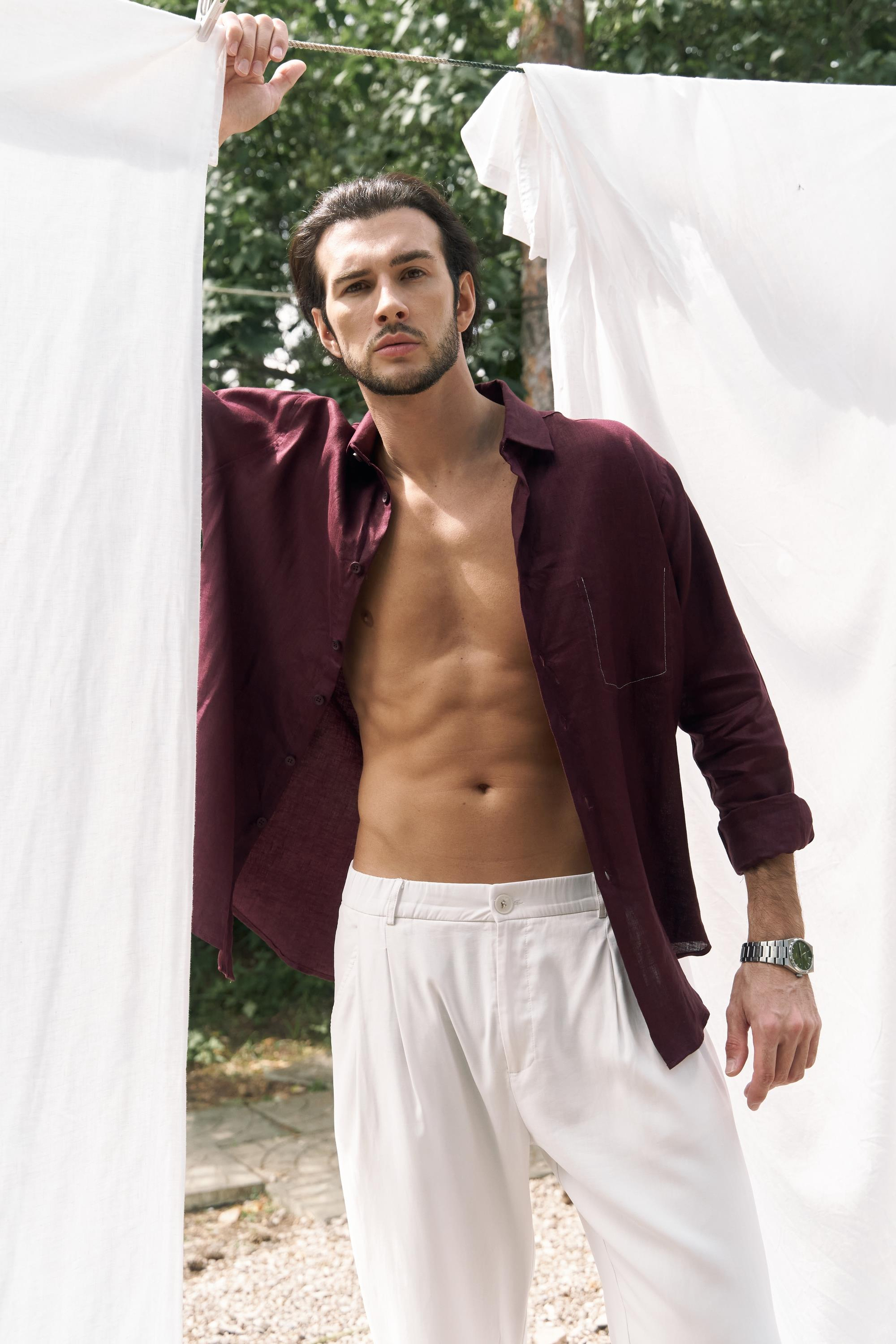 Ombretta Keten Oversize Erkek Gömlek - BORDO