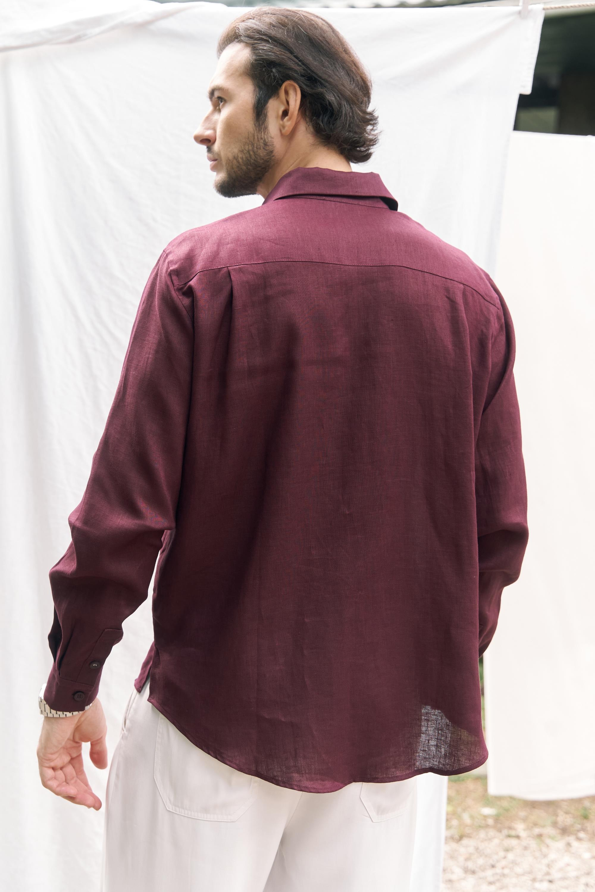 Ombretta Keten Oversize Erkek Gömlek - BORDO