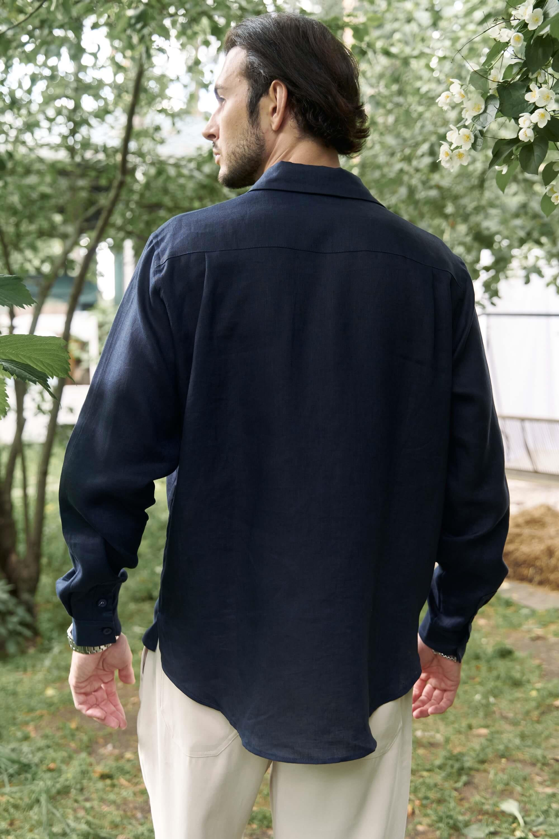 Ombretta Lacivert Keten Oversize Erkek Gömlek