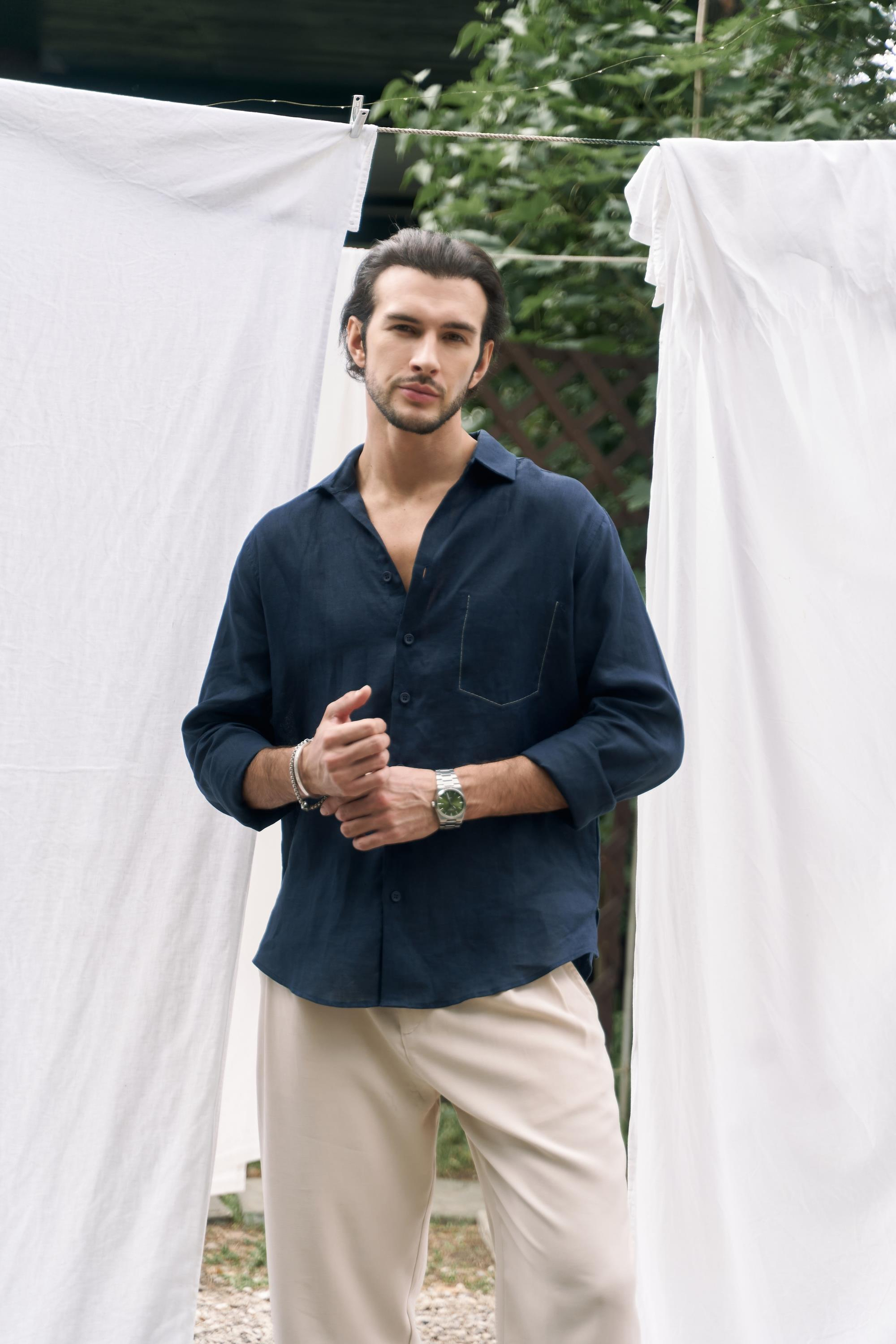 Ombretta Lacivert Keten Oversize Erkek Gömlek