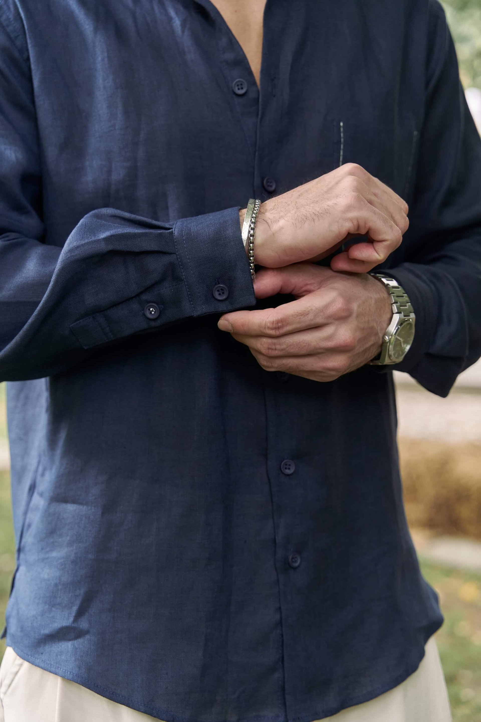 Ombretta Lacivert Keten Oversize Erkek Gömlek