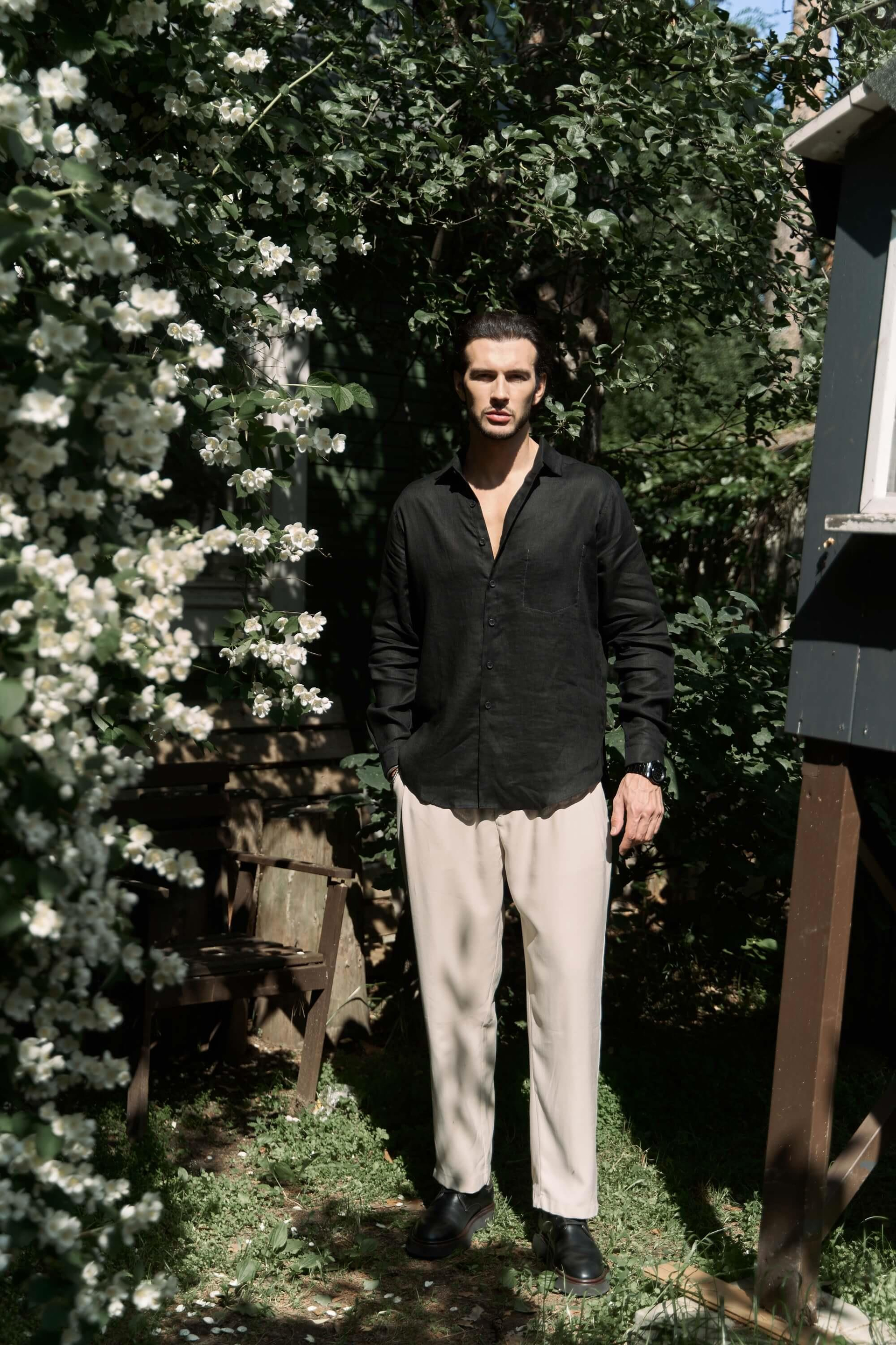 Ombretta Siyah Keten Oversize Erkek Gömlek