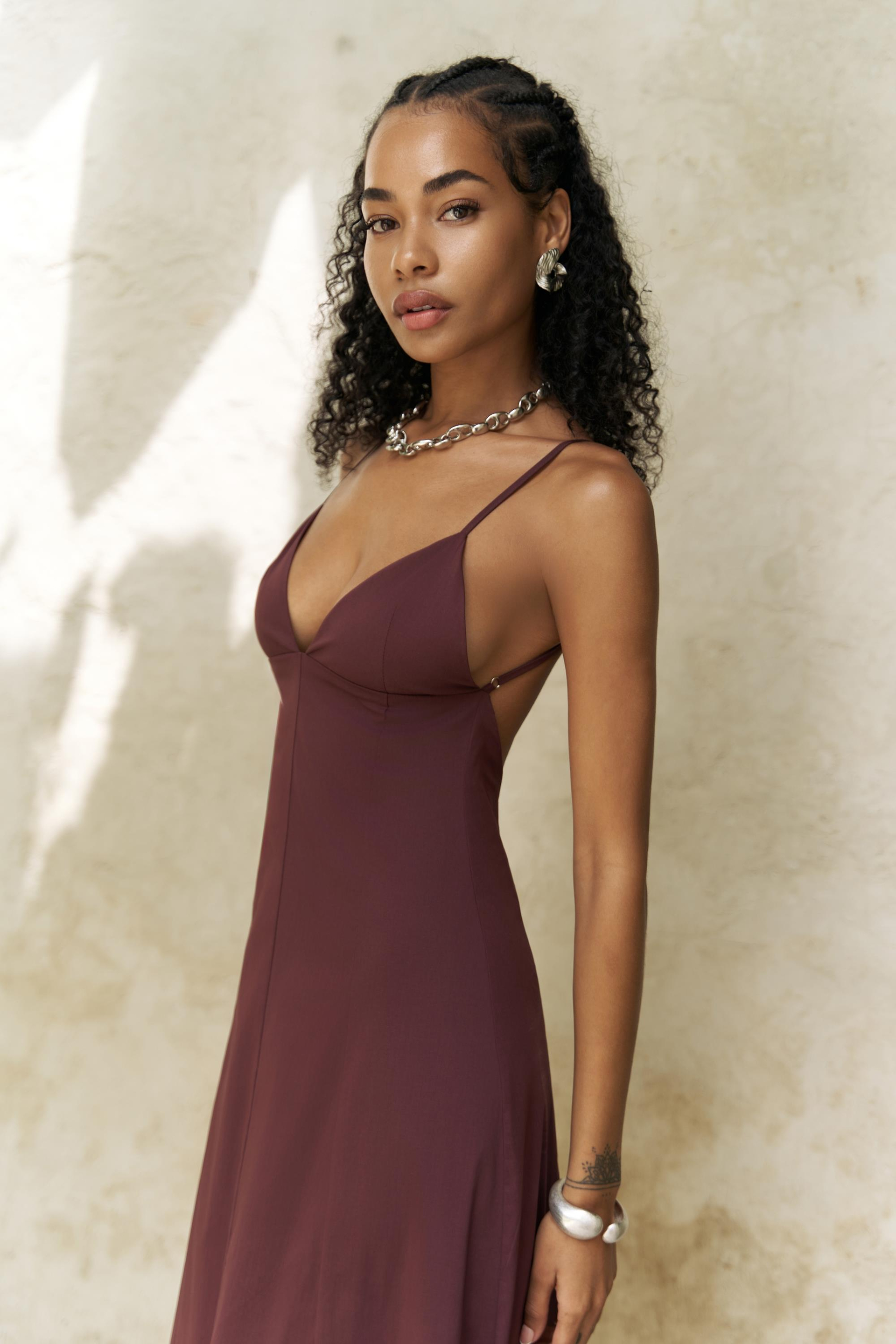 Onella Askılı Bordo Uzun Elbise