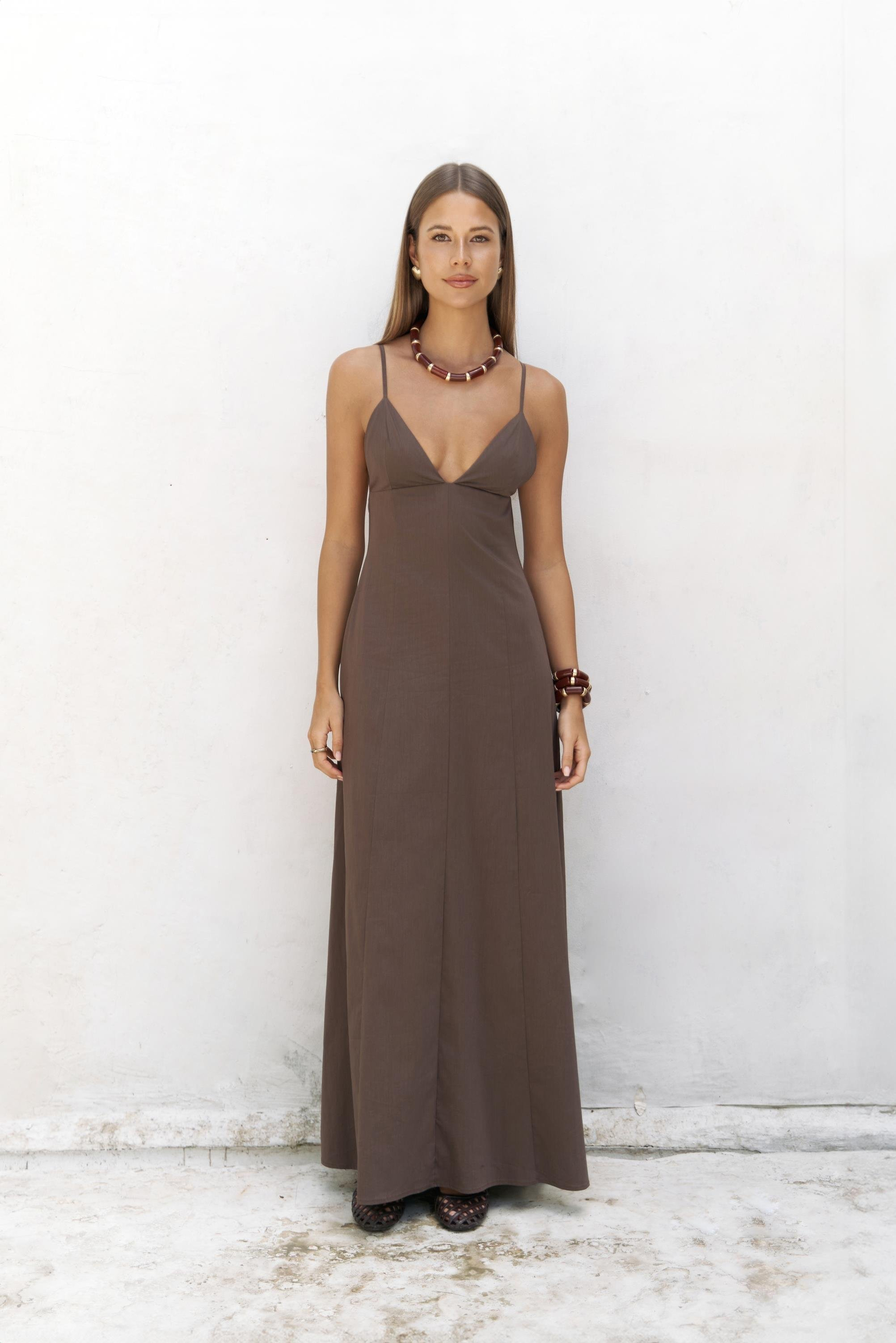 Onella Askılı Kahve Uzun Elbise