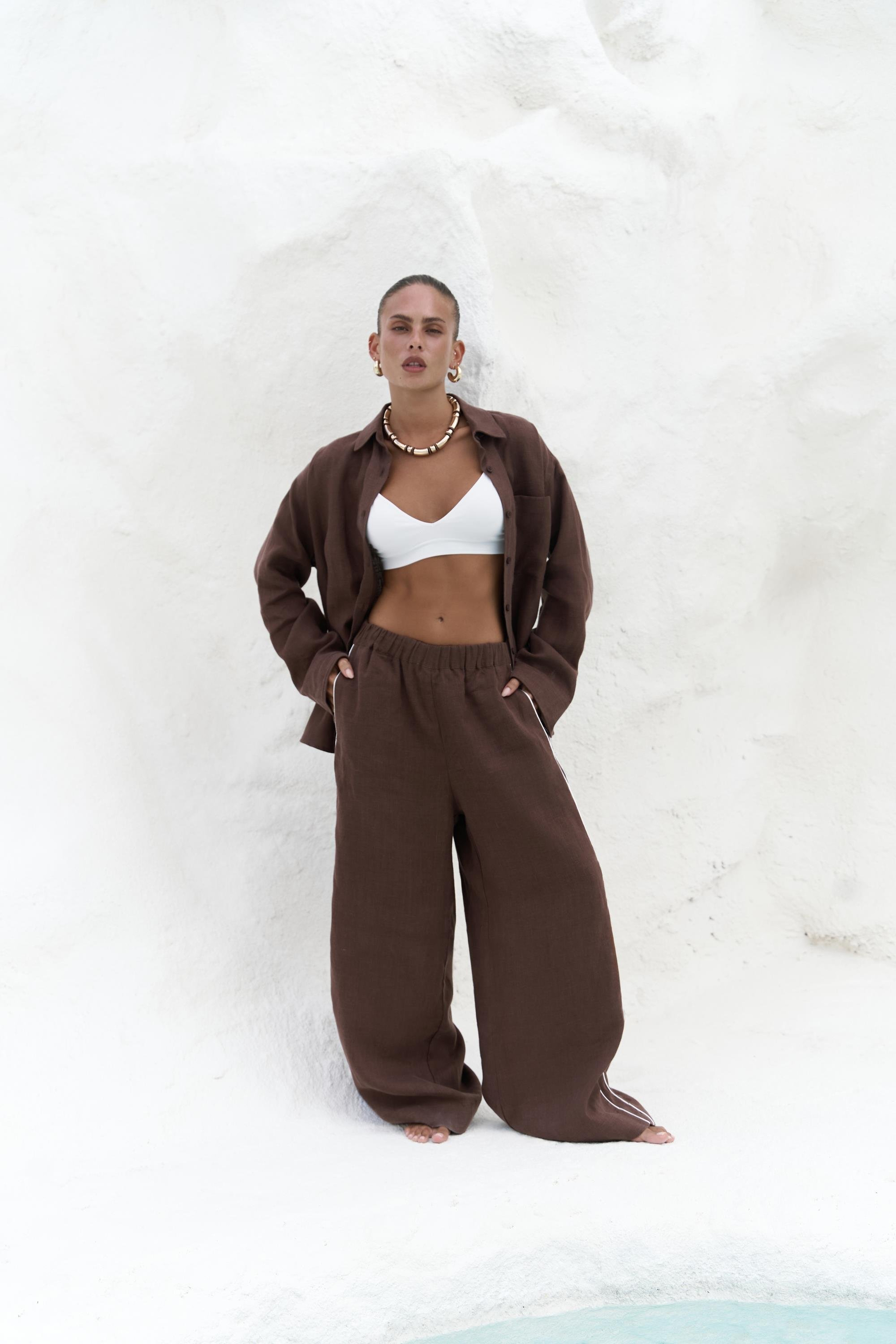 Orchidea Oversize Kahve Keten Gömlek Takım