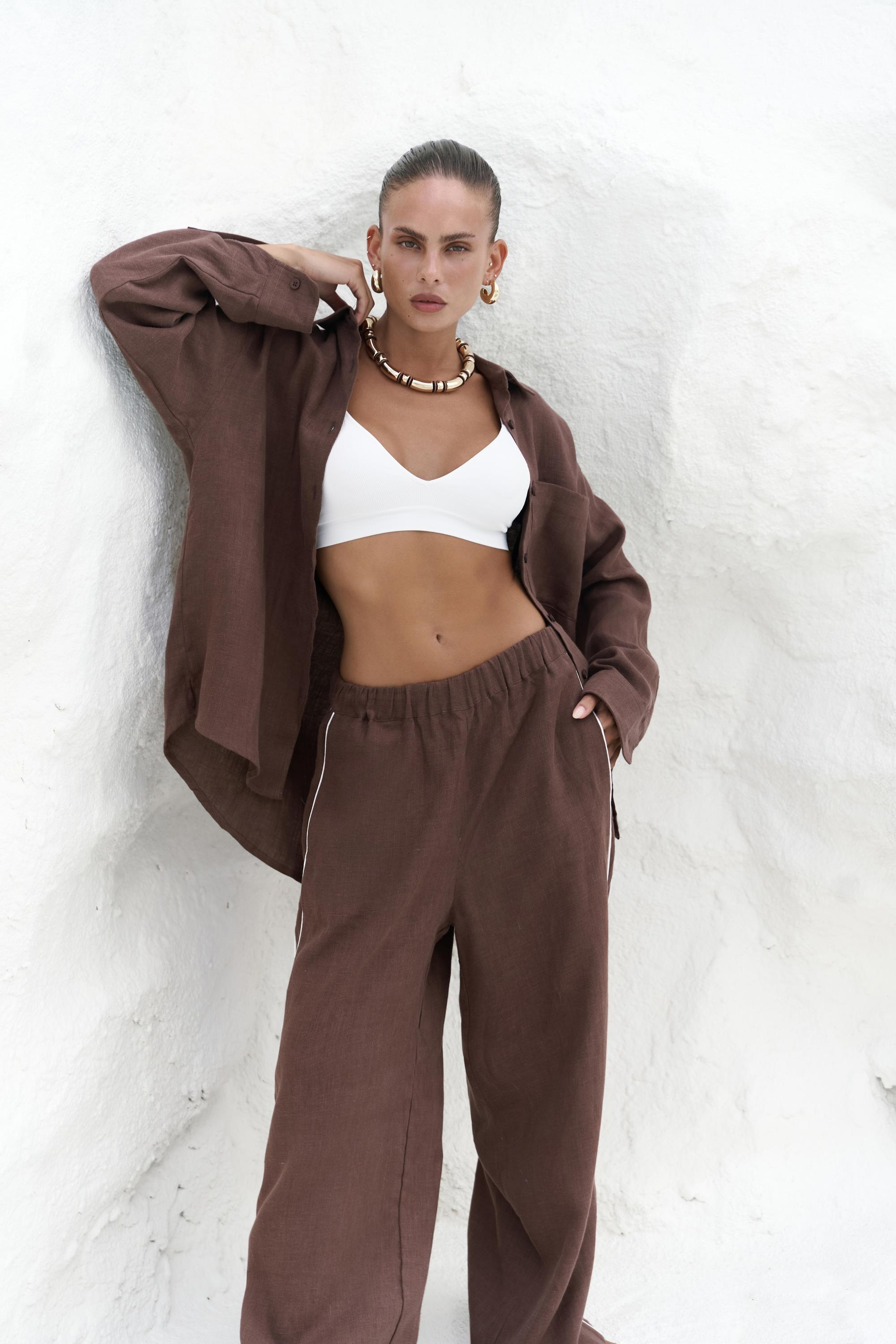 Orchidea Oversize Kahve Keten Gömlek Takım