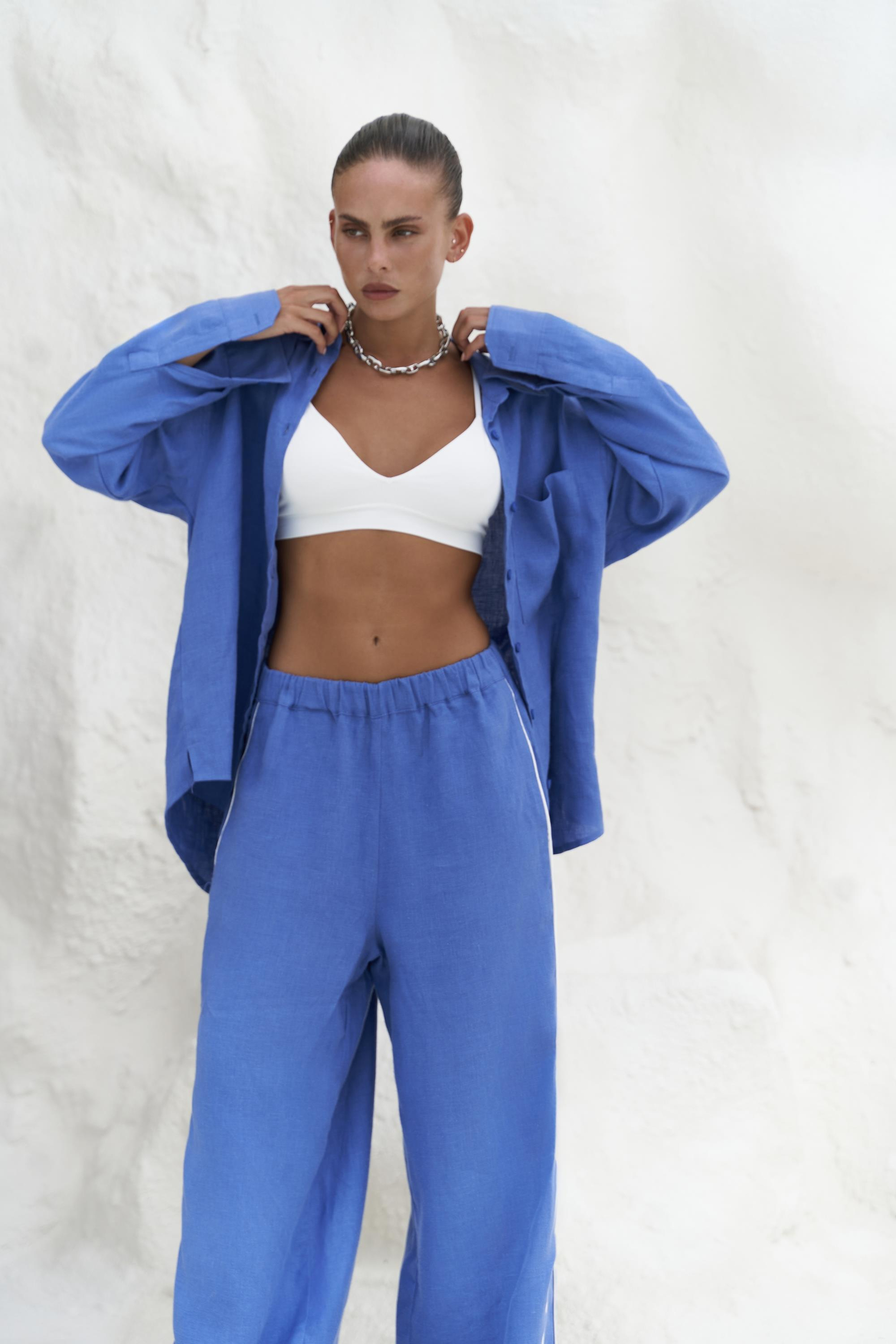 Orchidea Oversize Saks Mavi Keten Gömlek Takım