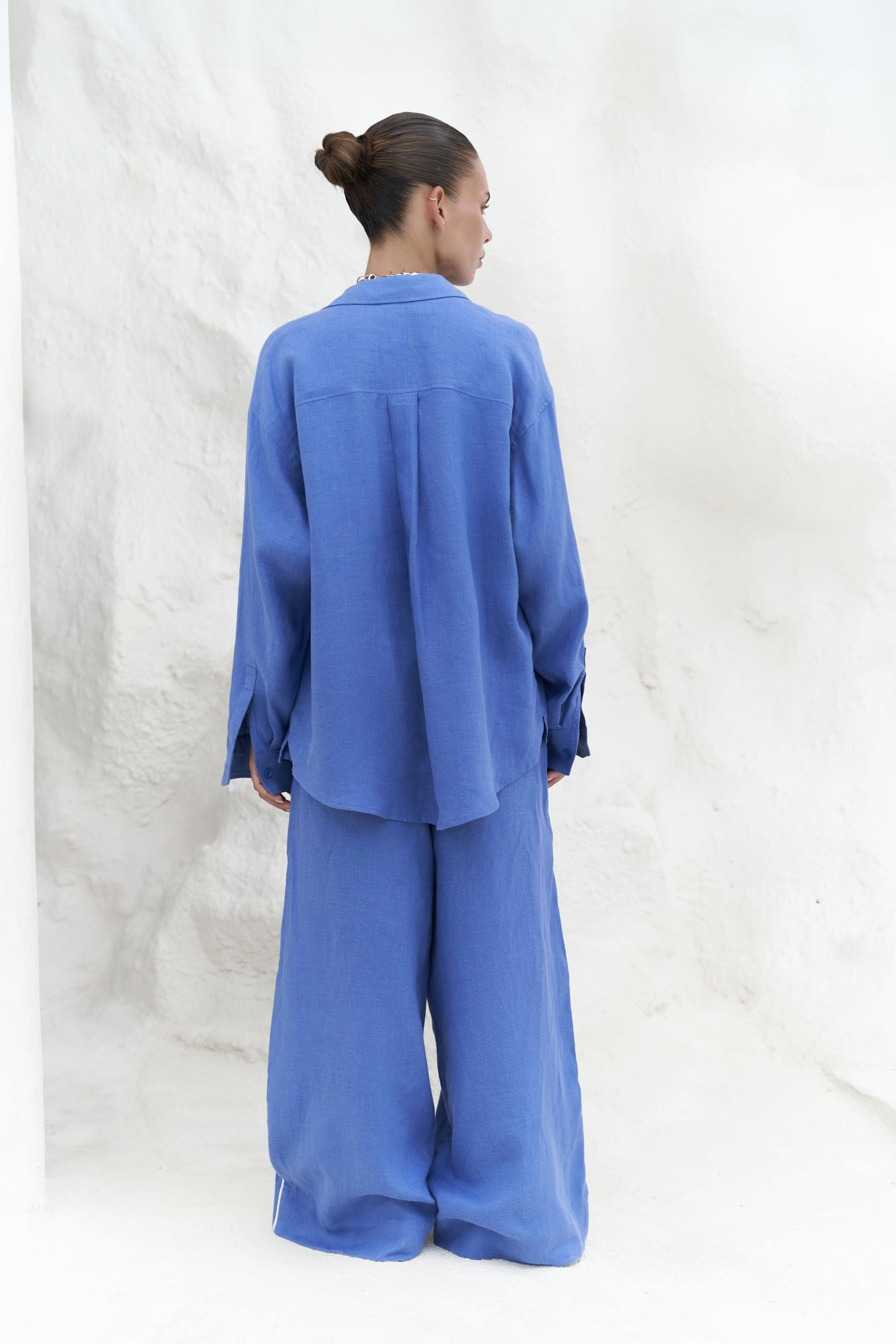 Orchidea Oversize Saks Mavi Keten Gömlek Takım