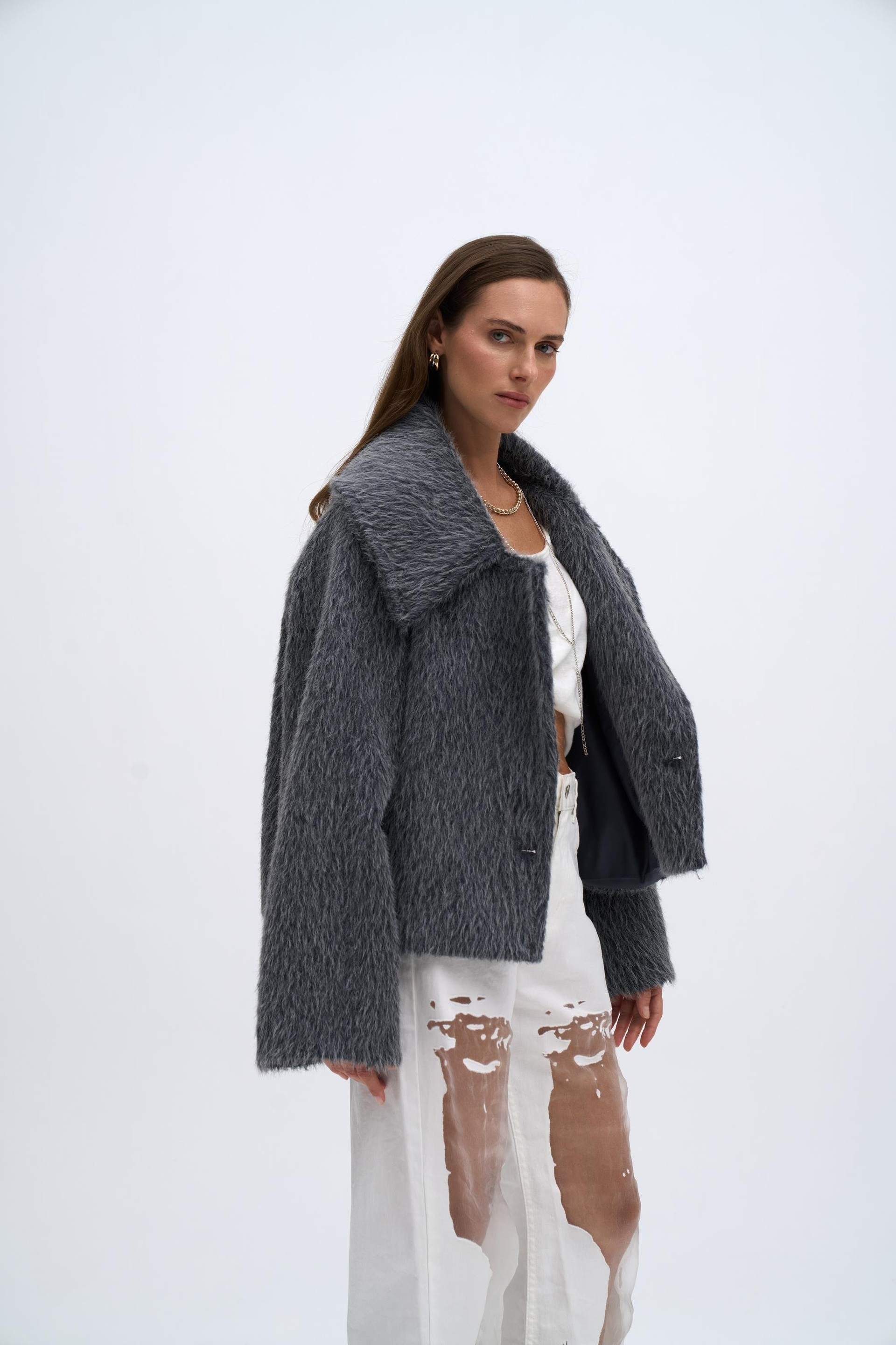 Orven Geniş Yaka Kısa Antrasit Ceket 